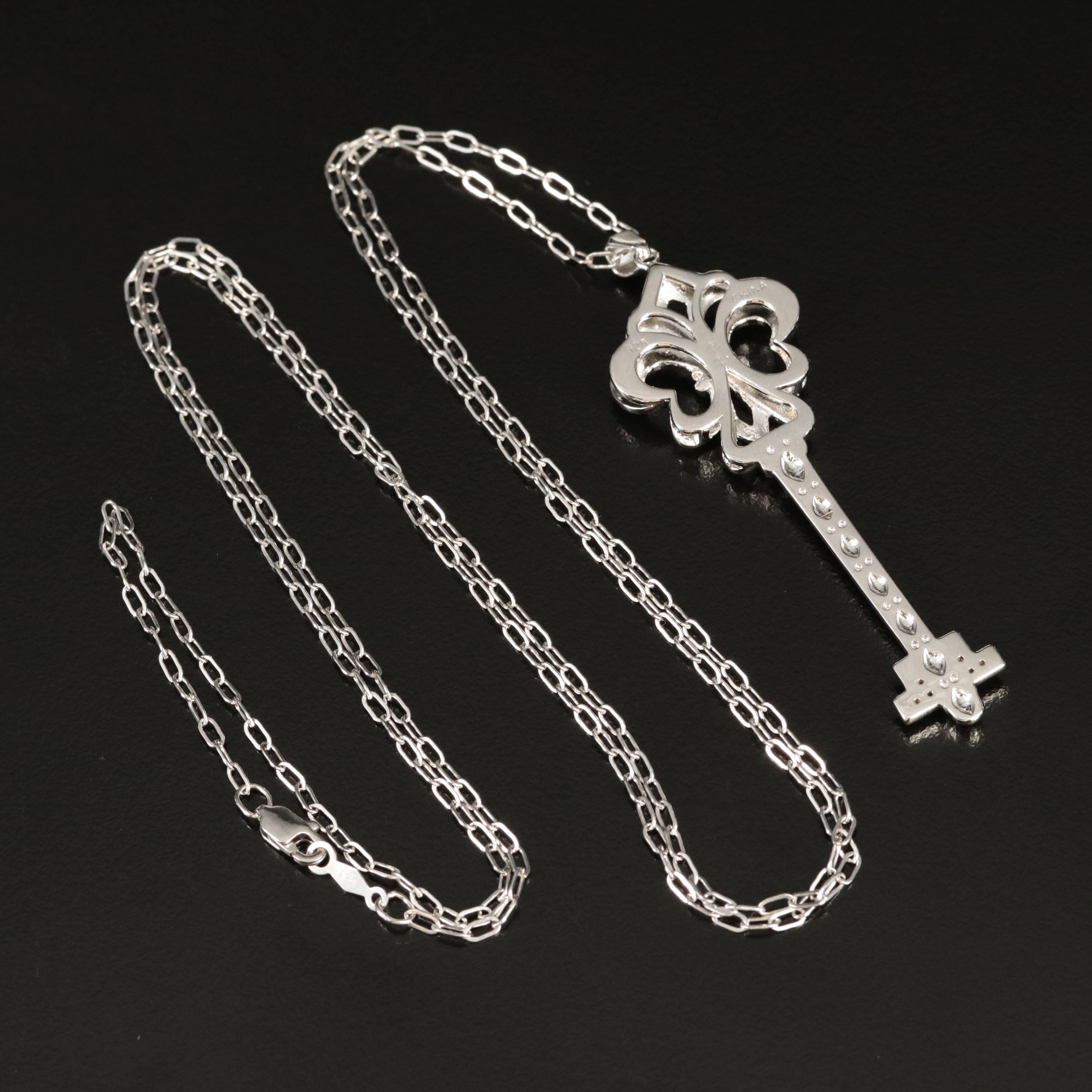 Sterling Diamond Fleur-de-Lis Key Pendant Necklace
