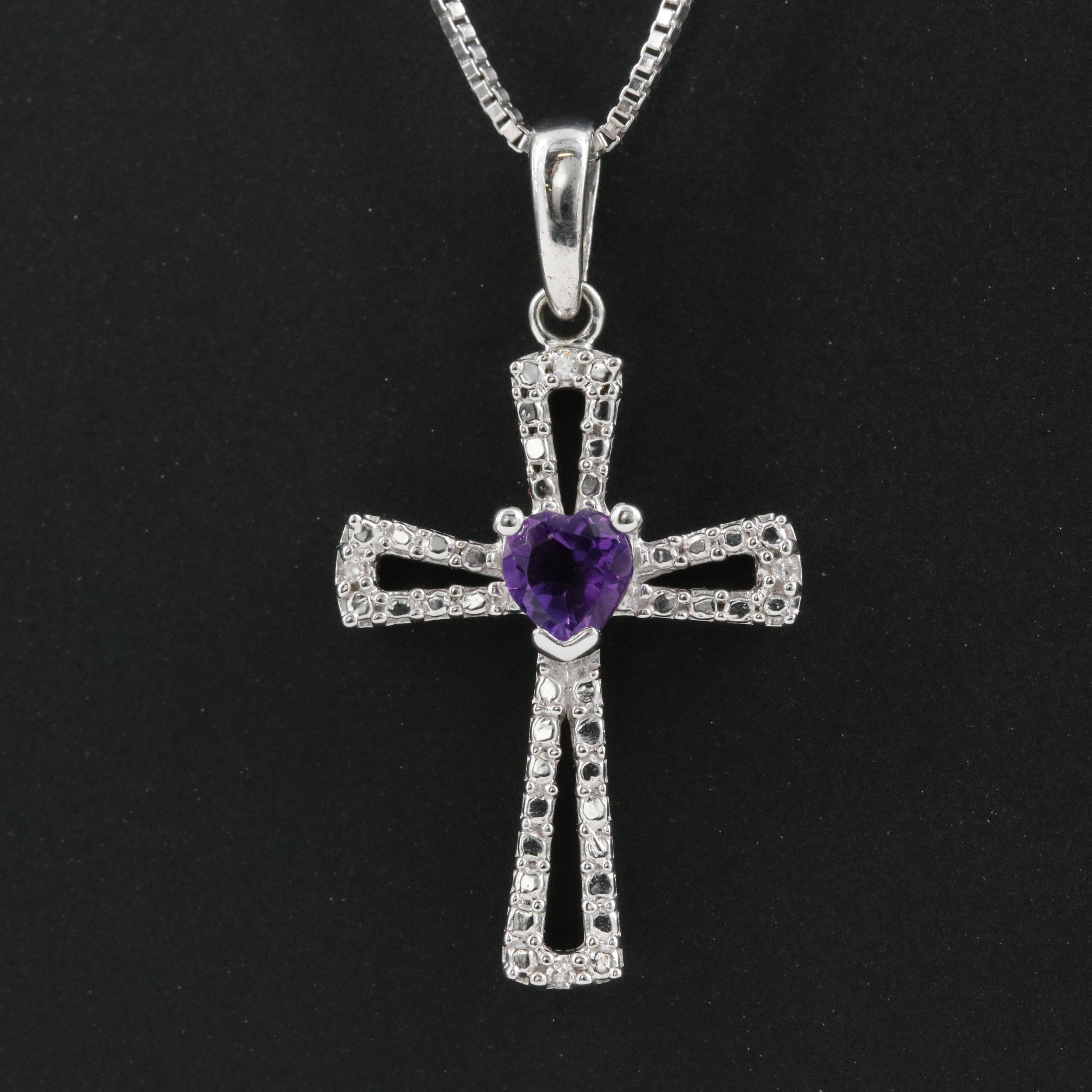 Sterling Amethyst and Diamond Cross Pendant Necklace