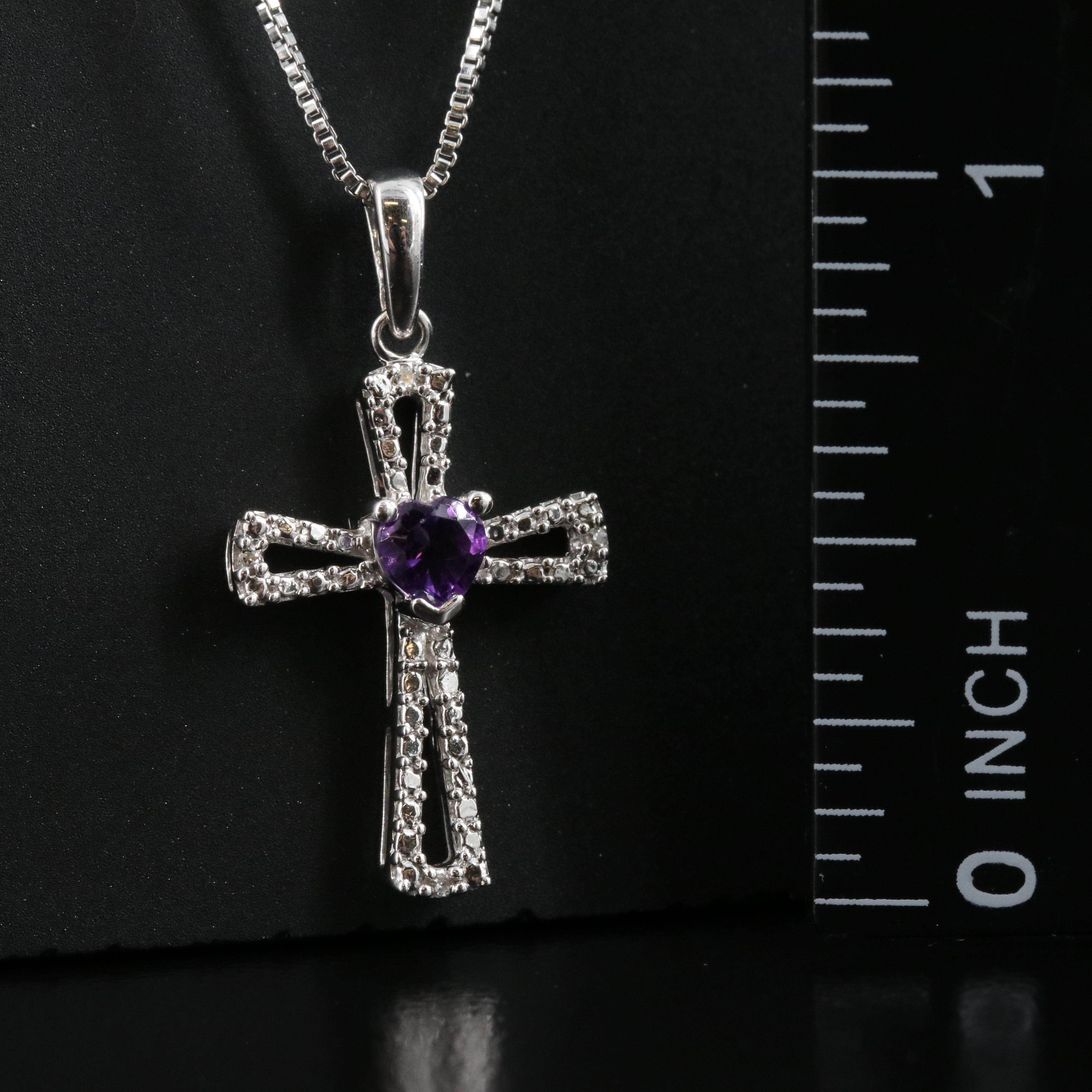 Sterling Amethyst and Diamond Cross Pendant Necklace