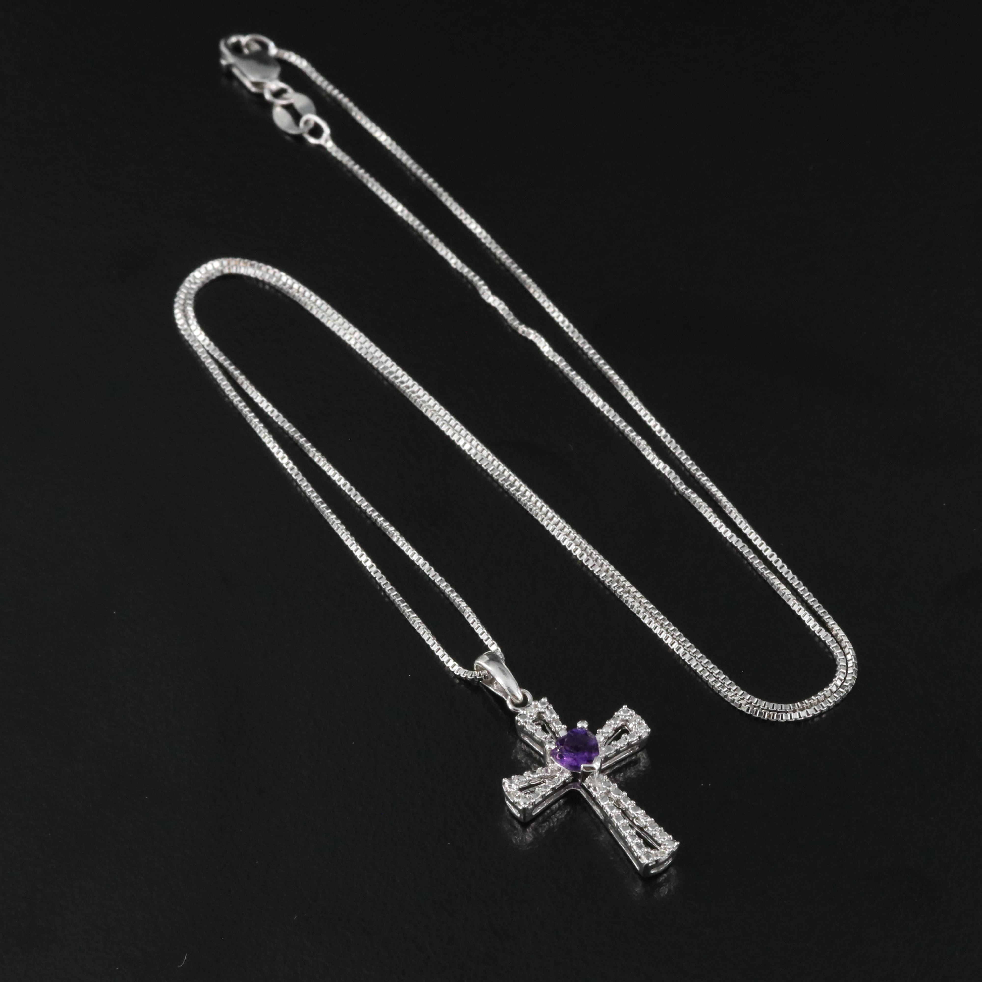 Sterling Amethyst and Diamond Cross Pendant Necklace
