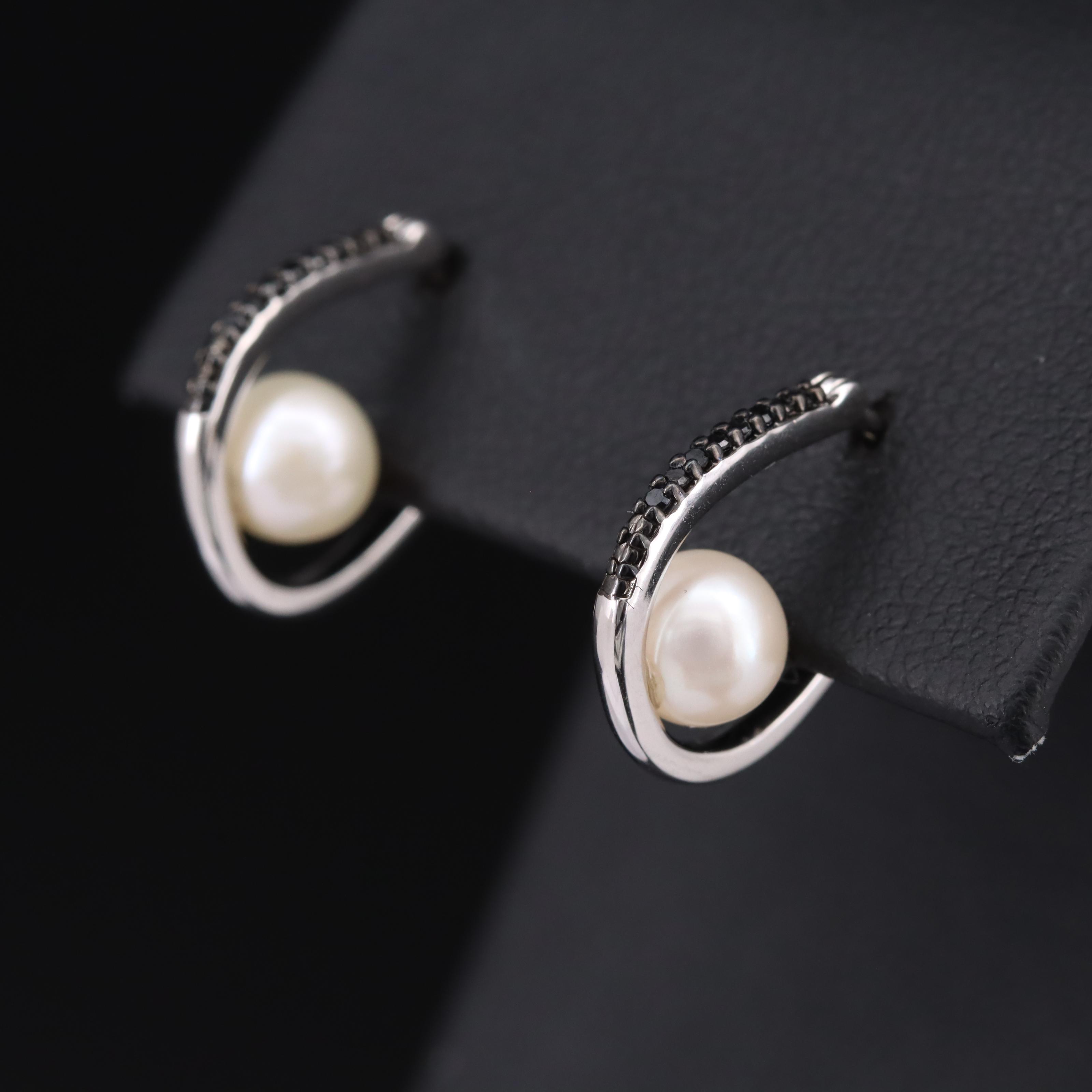 Sterling Pearl and Diamond Hoop Earrings