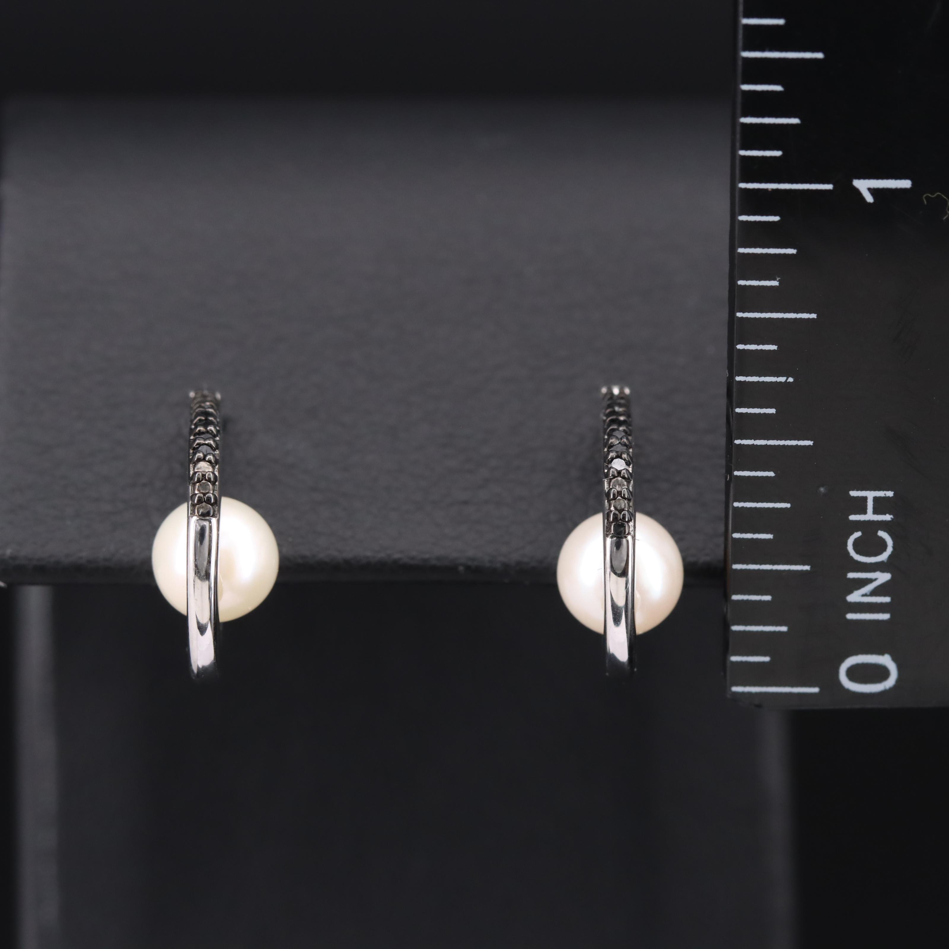 Sterling Pearl and Diamond Hoop Earrings