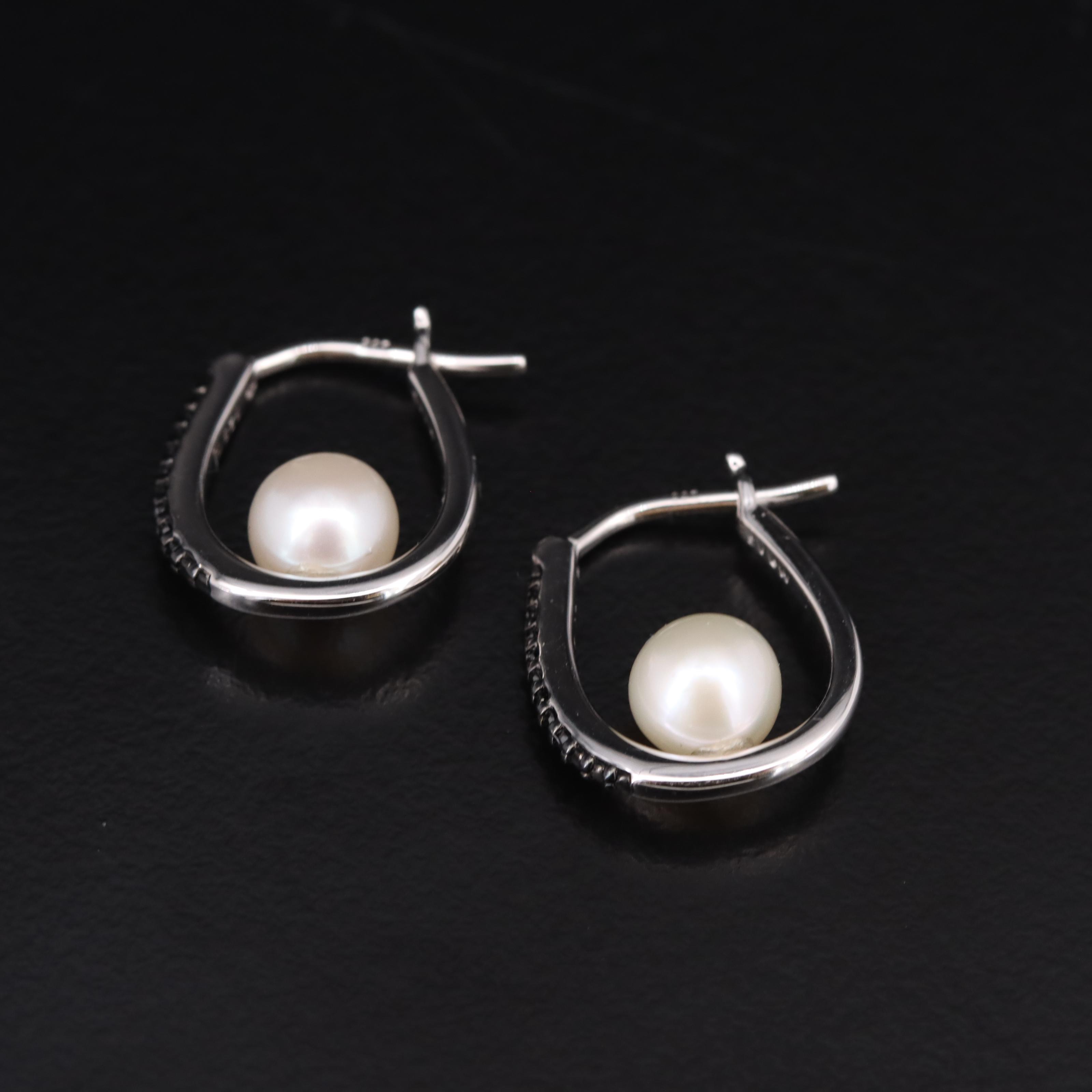Sterling Pearl and Diamond Hoop Earrings