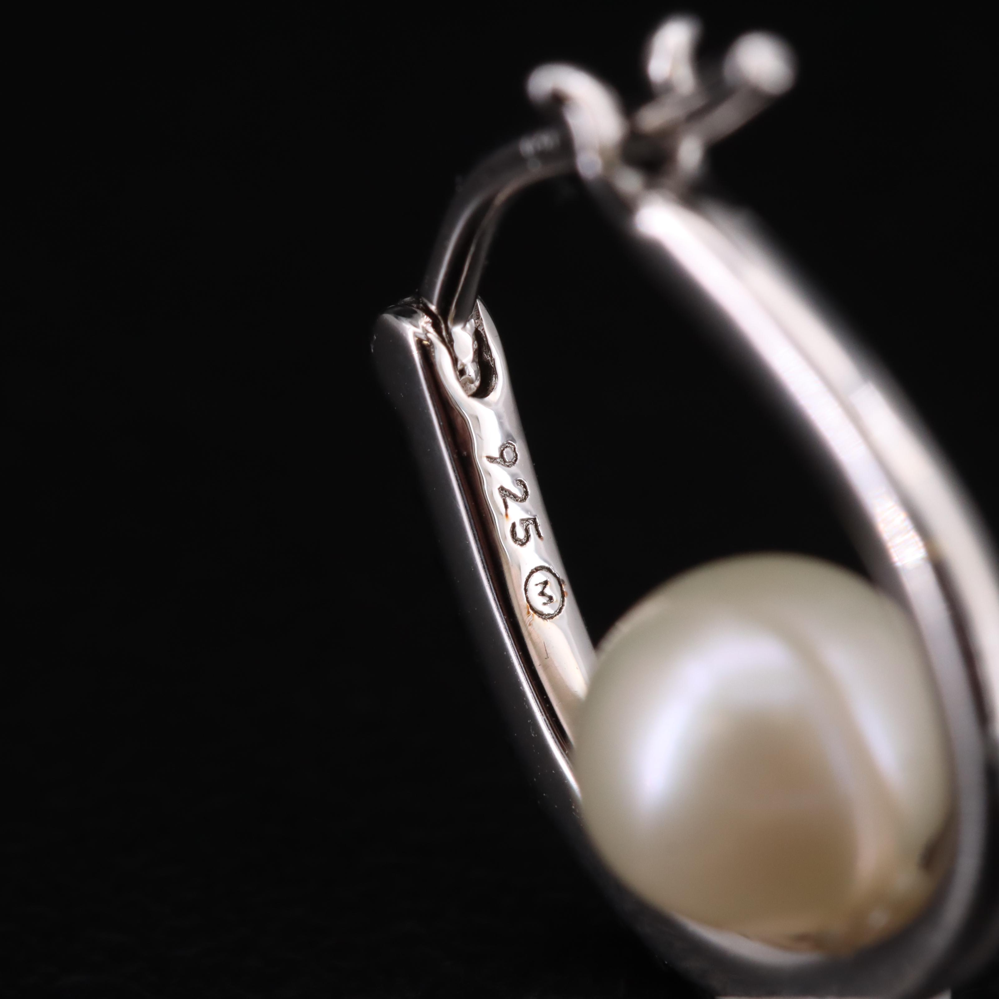 Sterling Pearl and Diamond Hoop Earrings