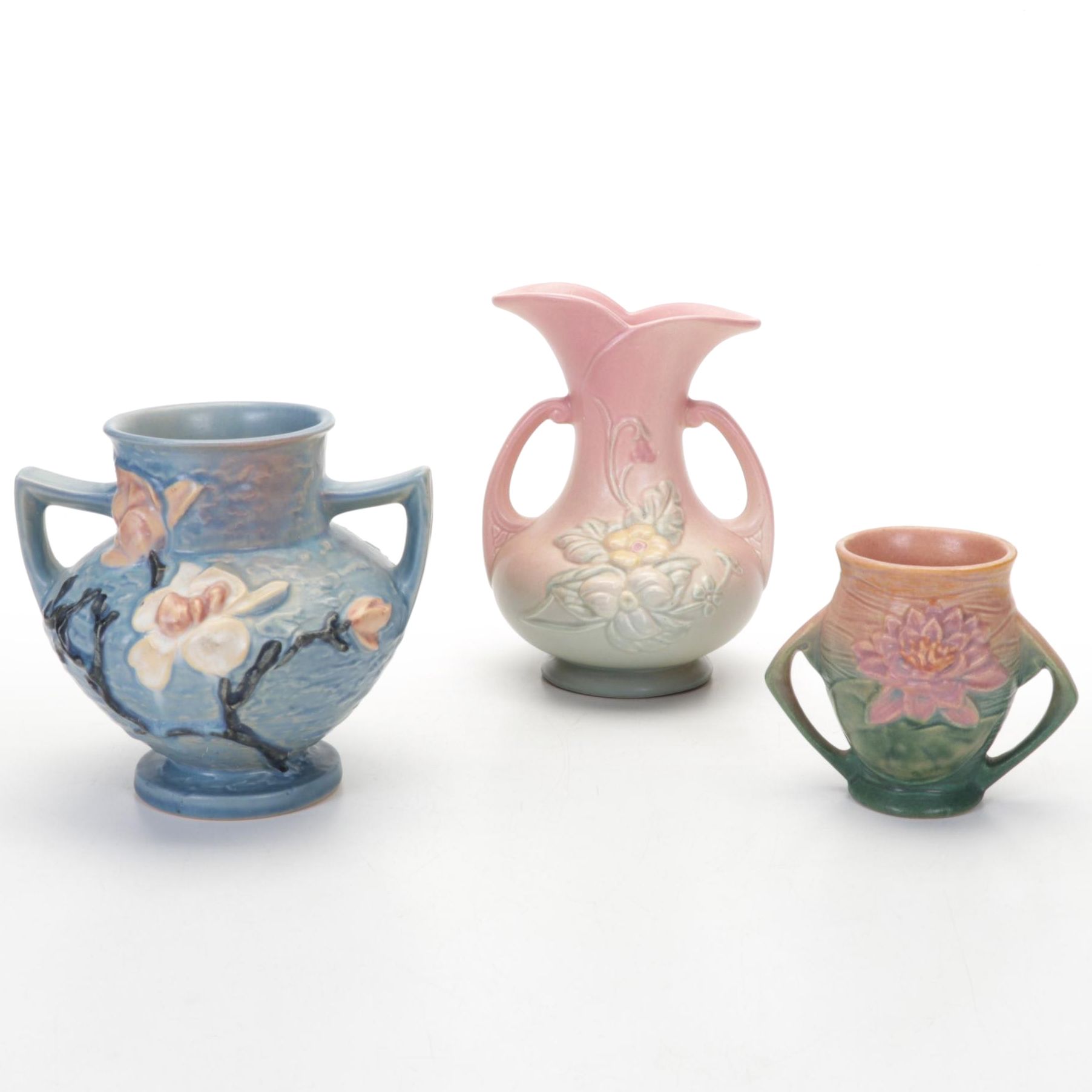 Roseville Dogwood and Waterlily Vases with Hull Pottery Vase