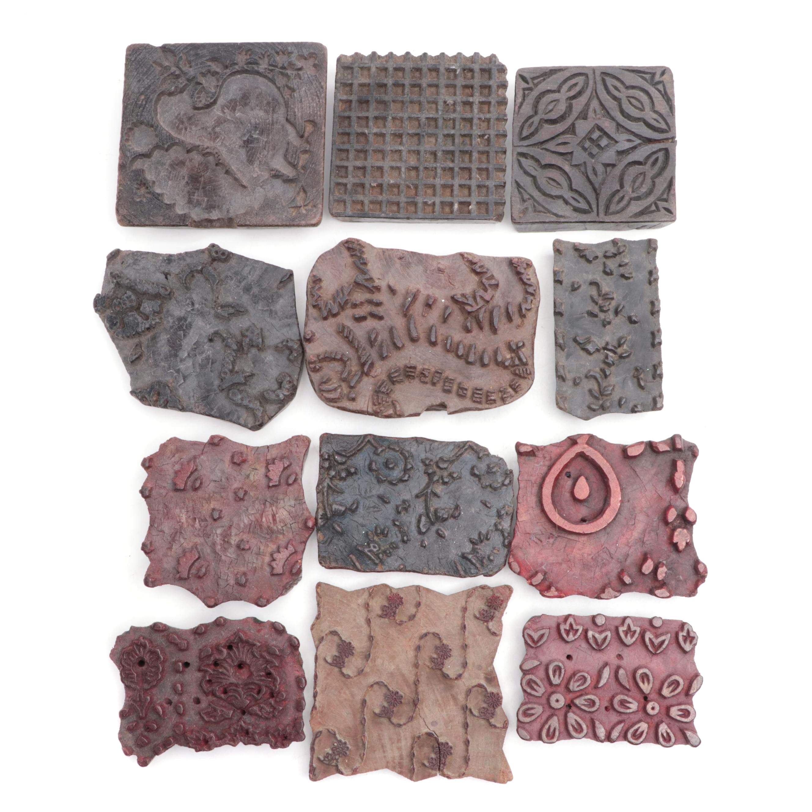 12 Hand-Carved Wooden Fabric Print Block Fragments Wall Décor