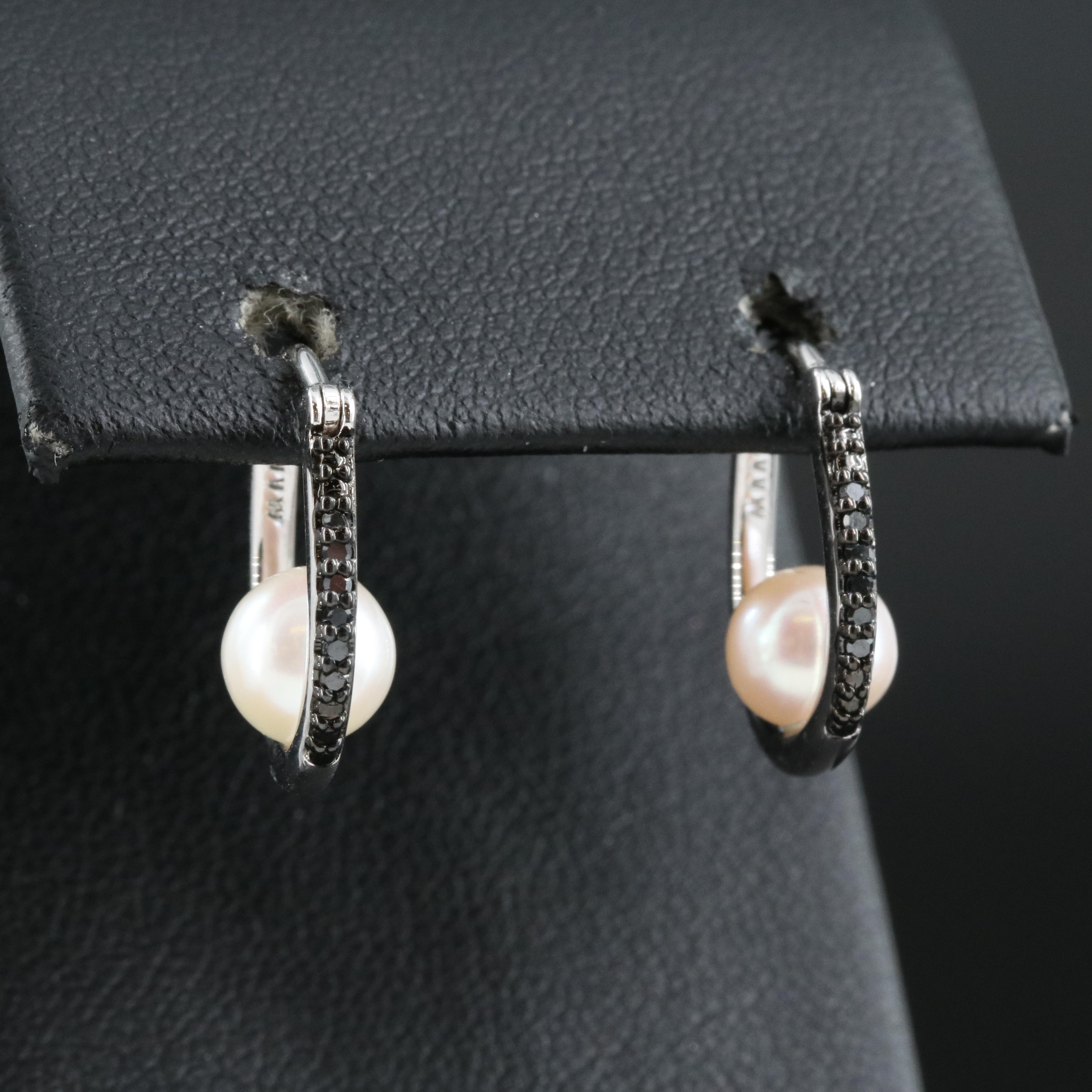 Sterling Pearl and Diamond Hoop Earrings