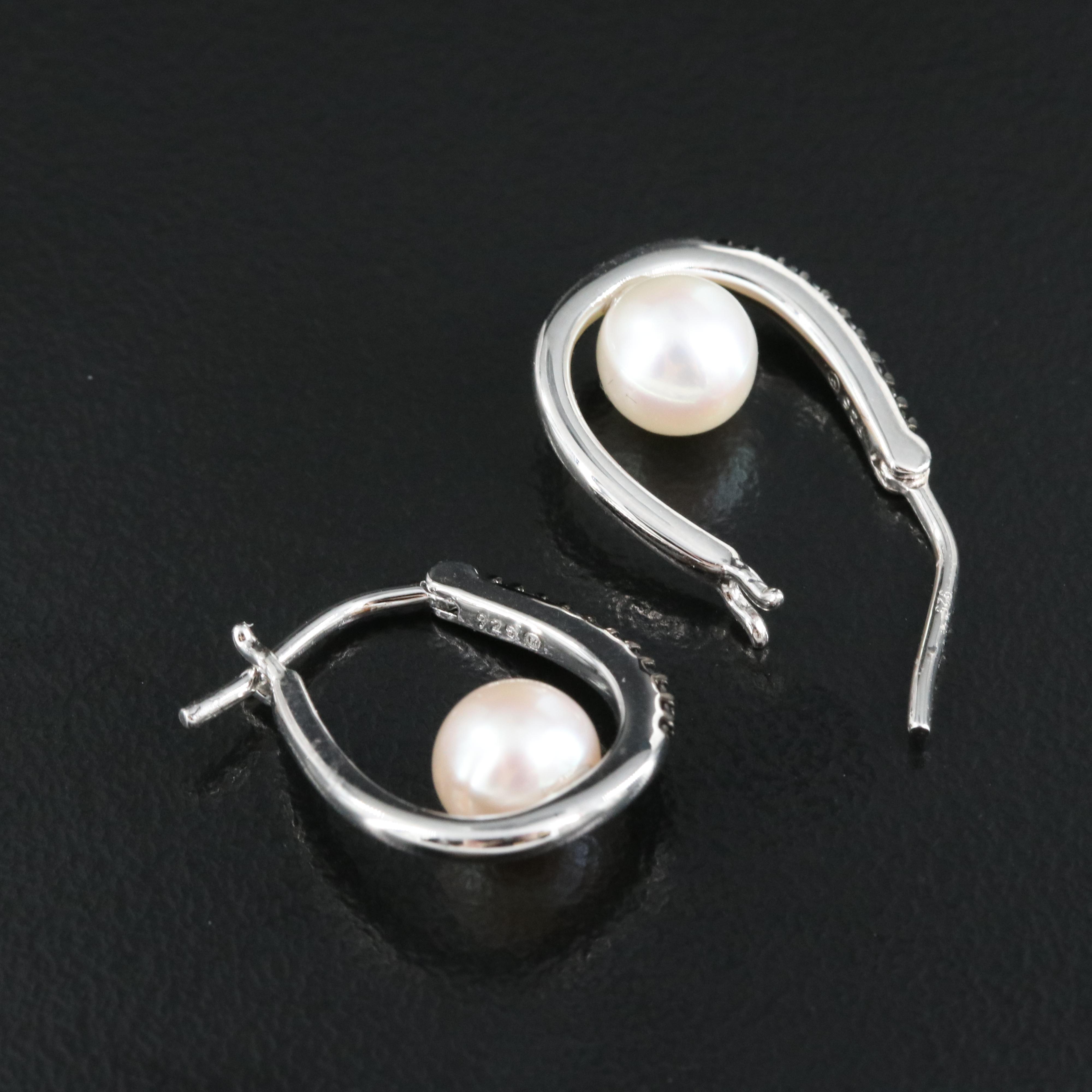Sterling Pearl and Diamond Hoop Earrings