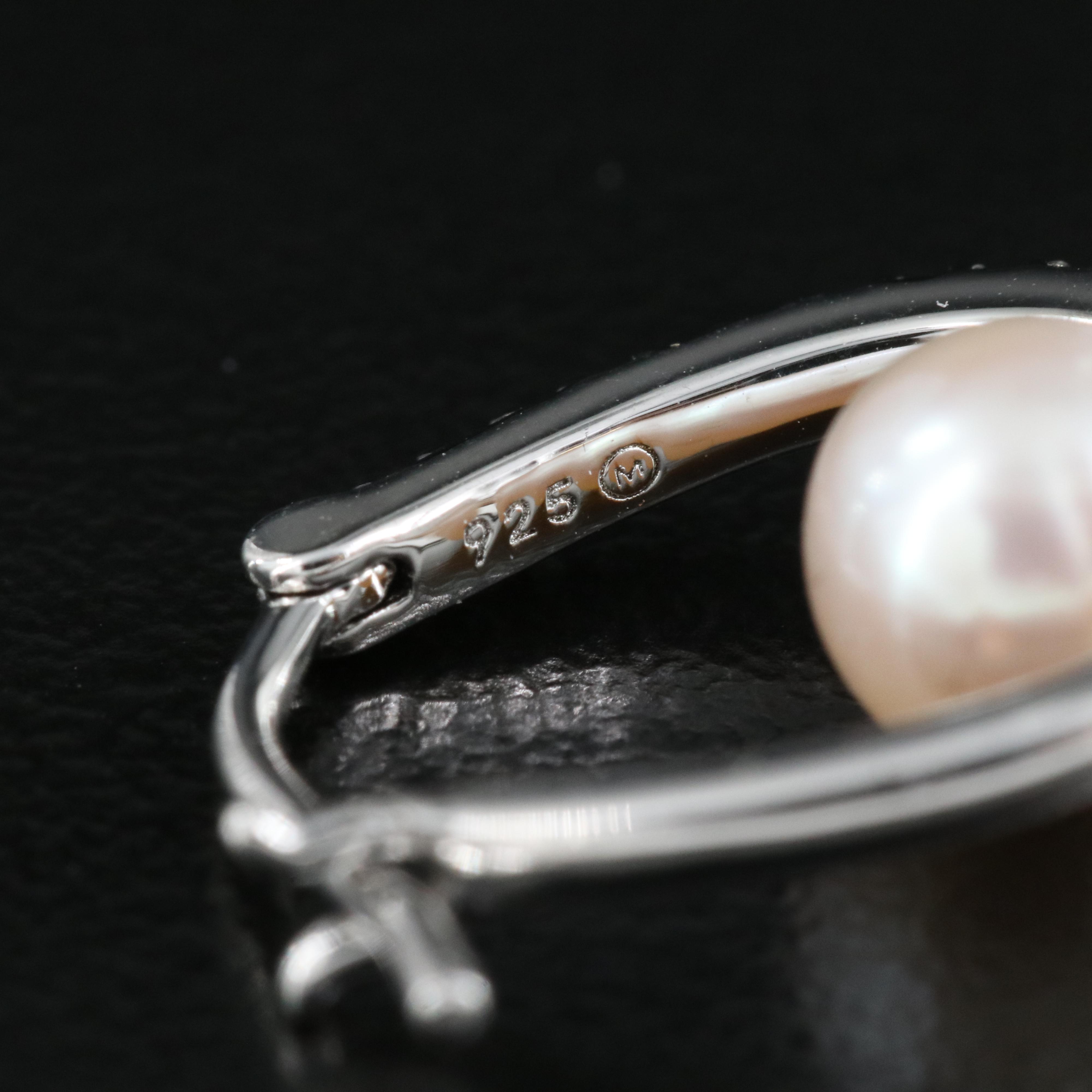 Sterling Pearl and Diamond Hoop Earrings