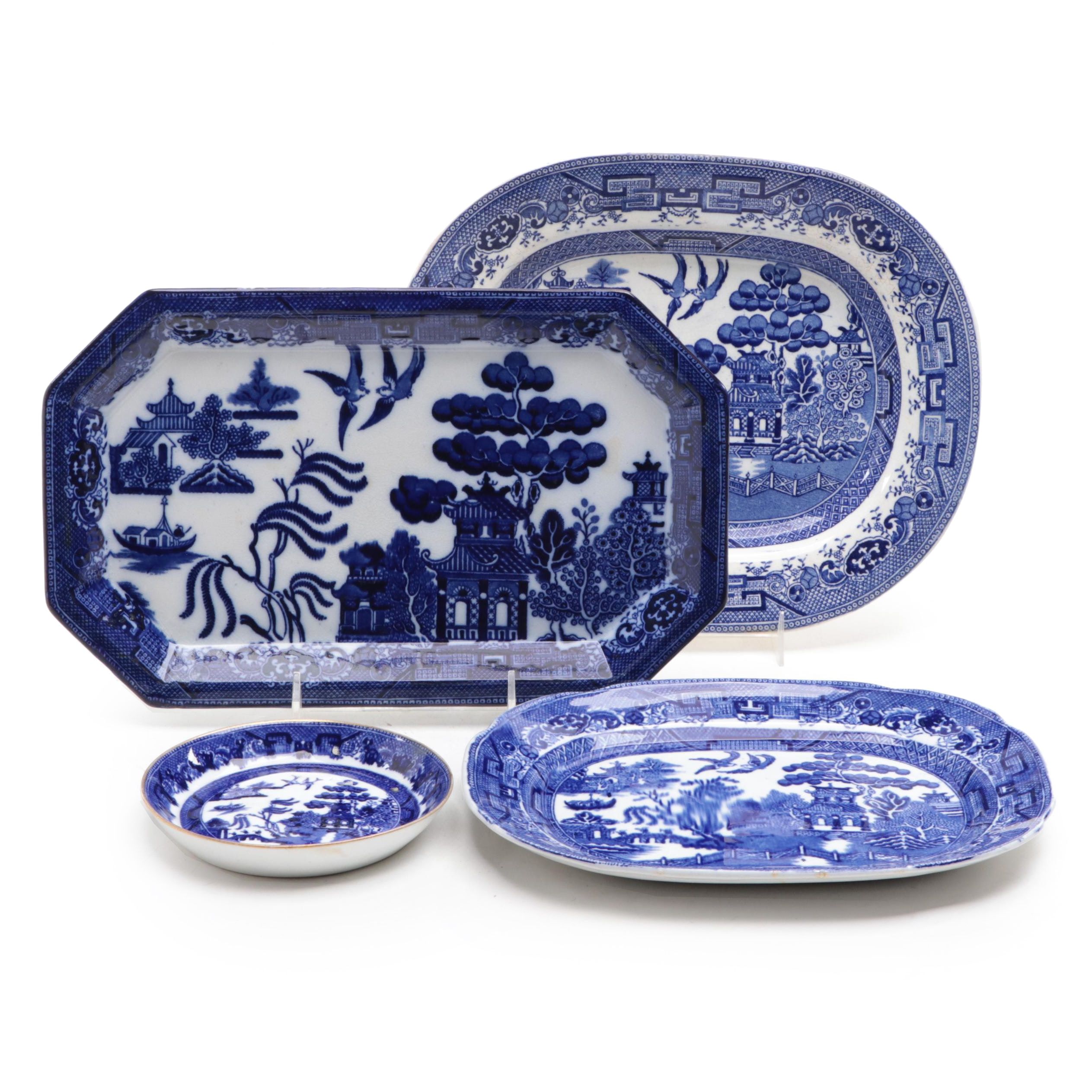 Doulton Burslem "Willow" Platter and Other Blue Willow Pattern Tableware