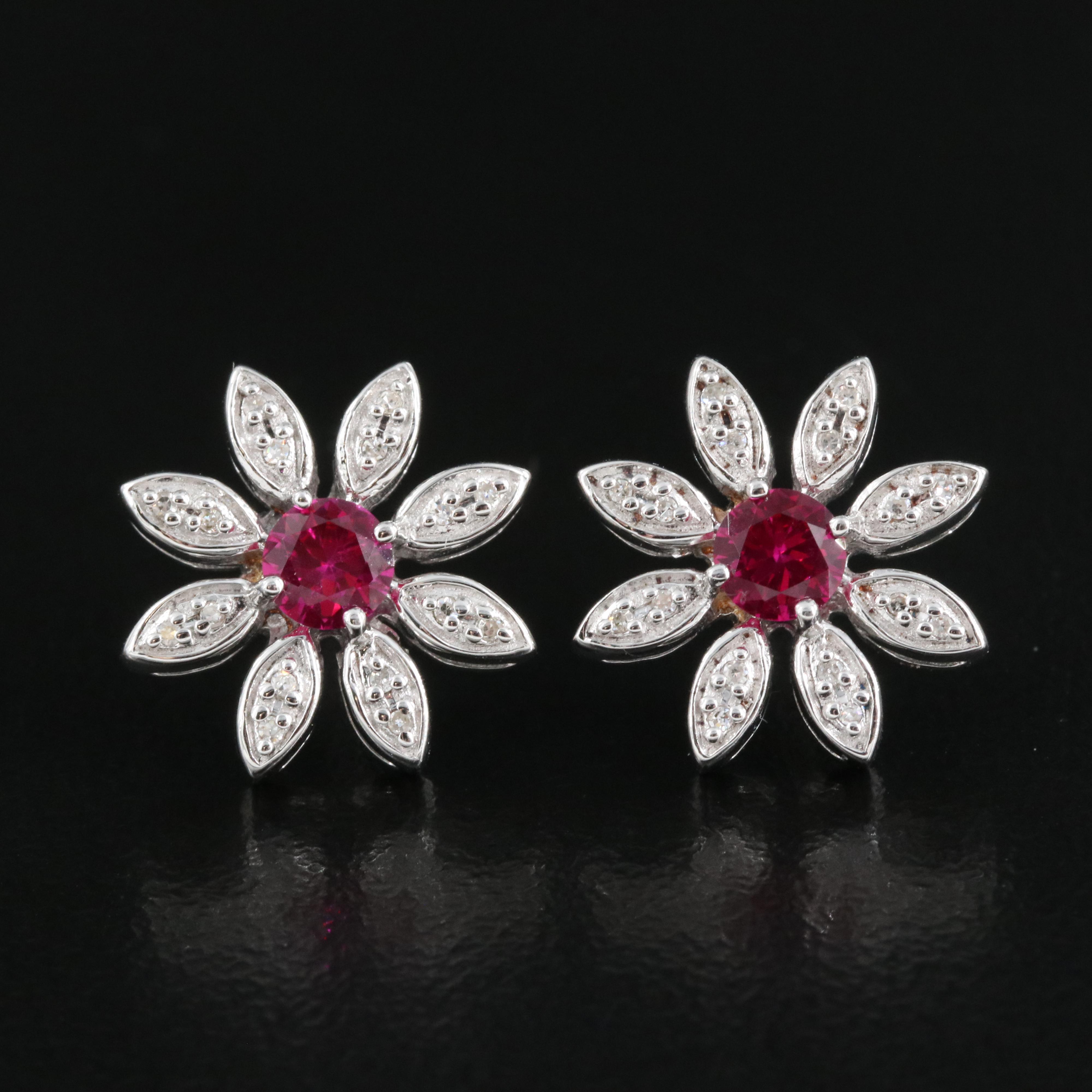 Sterling Ruby and Diamond Flower Earrings