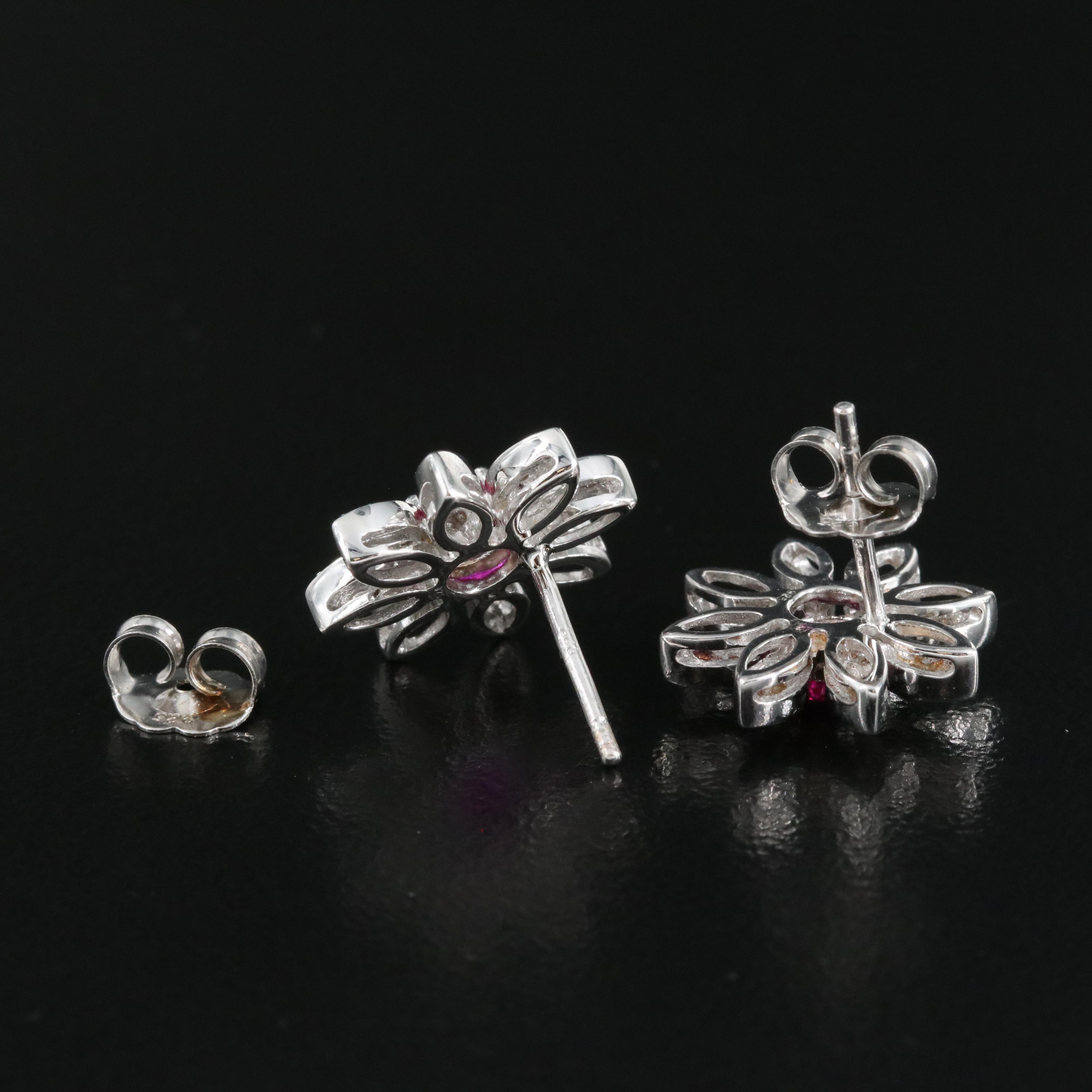 Sterling Ruby and Diamond Flower Earrings