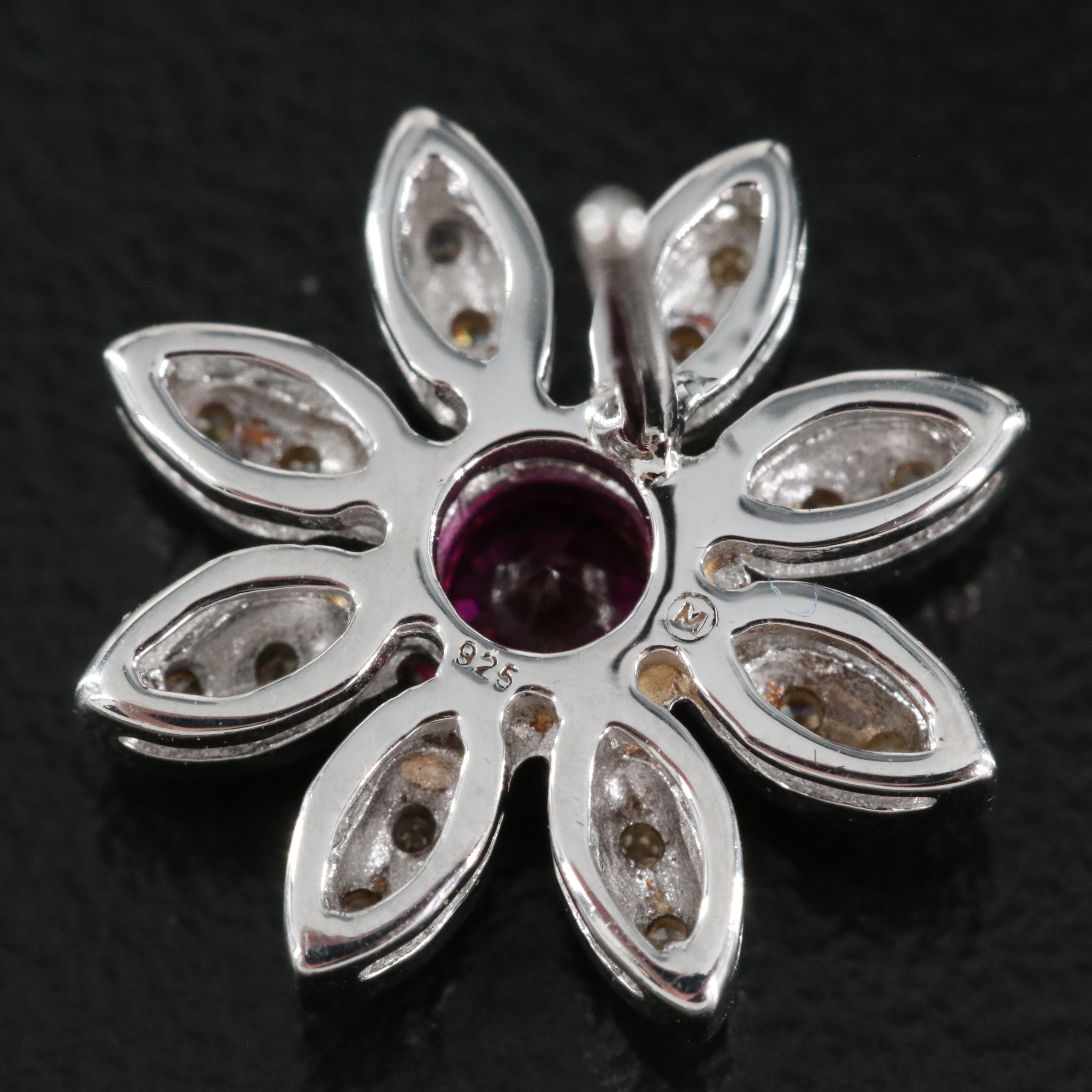 Sterling Ruby and Diamond Flower Earrings