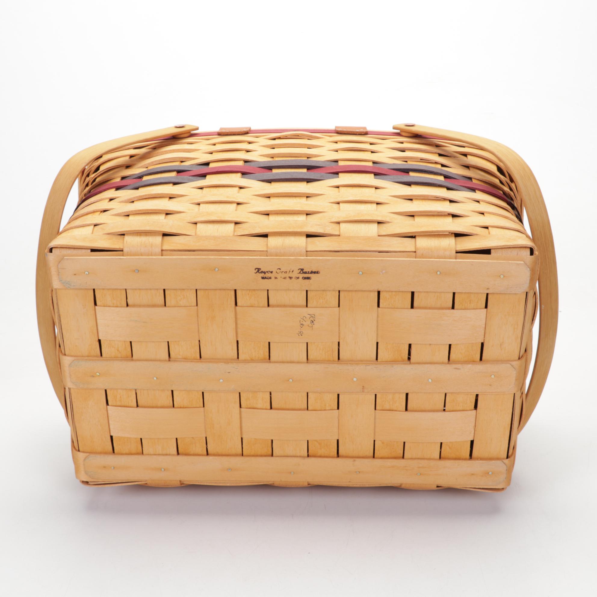 Royce Craft Woven Basket, Stoneware Crocks, and Baldwin Brass Candlesticks