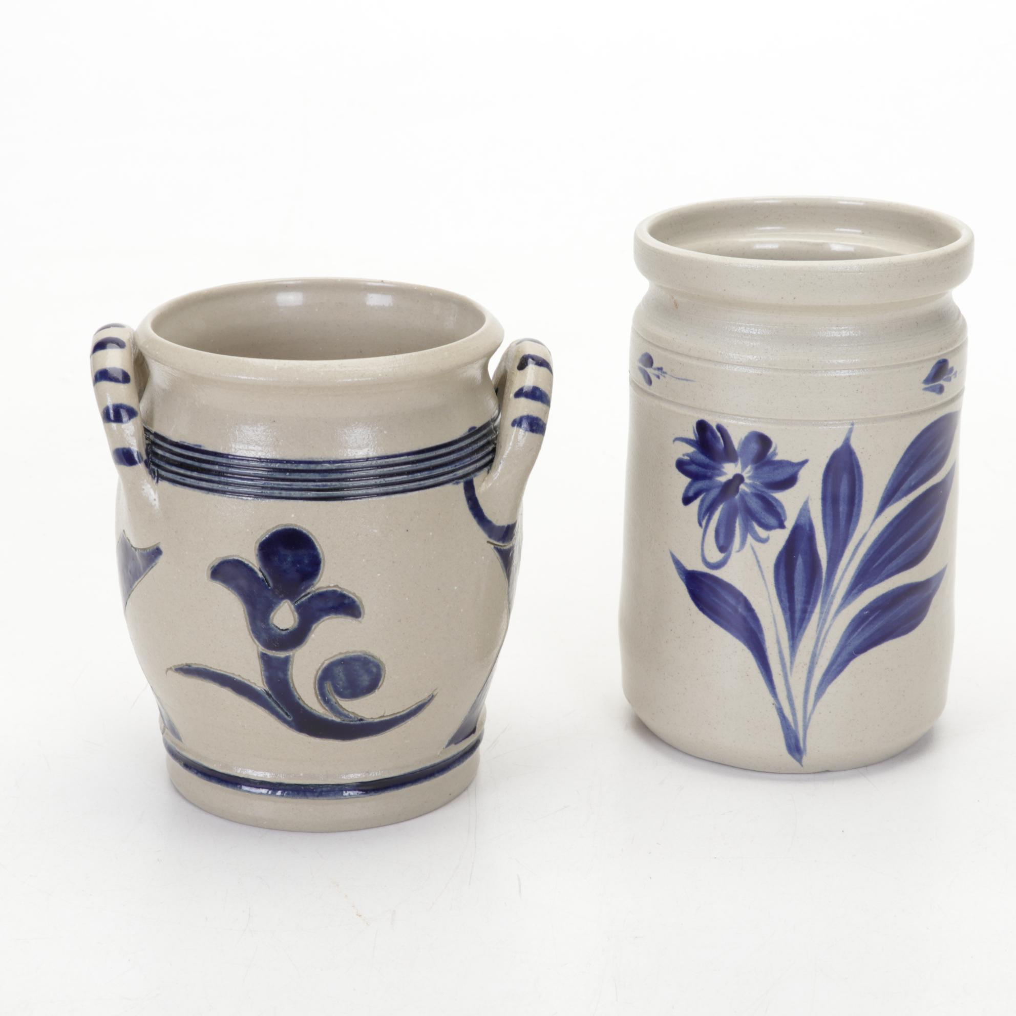 Royce Craft Woven Basket, Stoneware Crocks, and Baldwin Brass Candlesticks