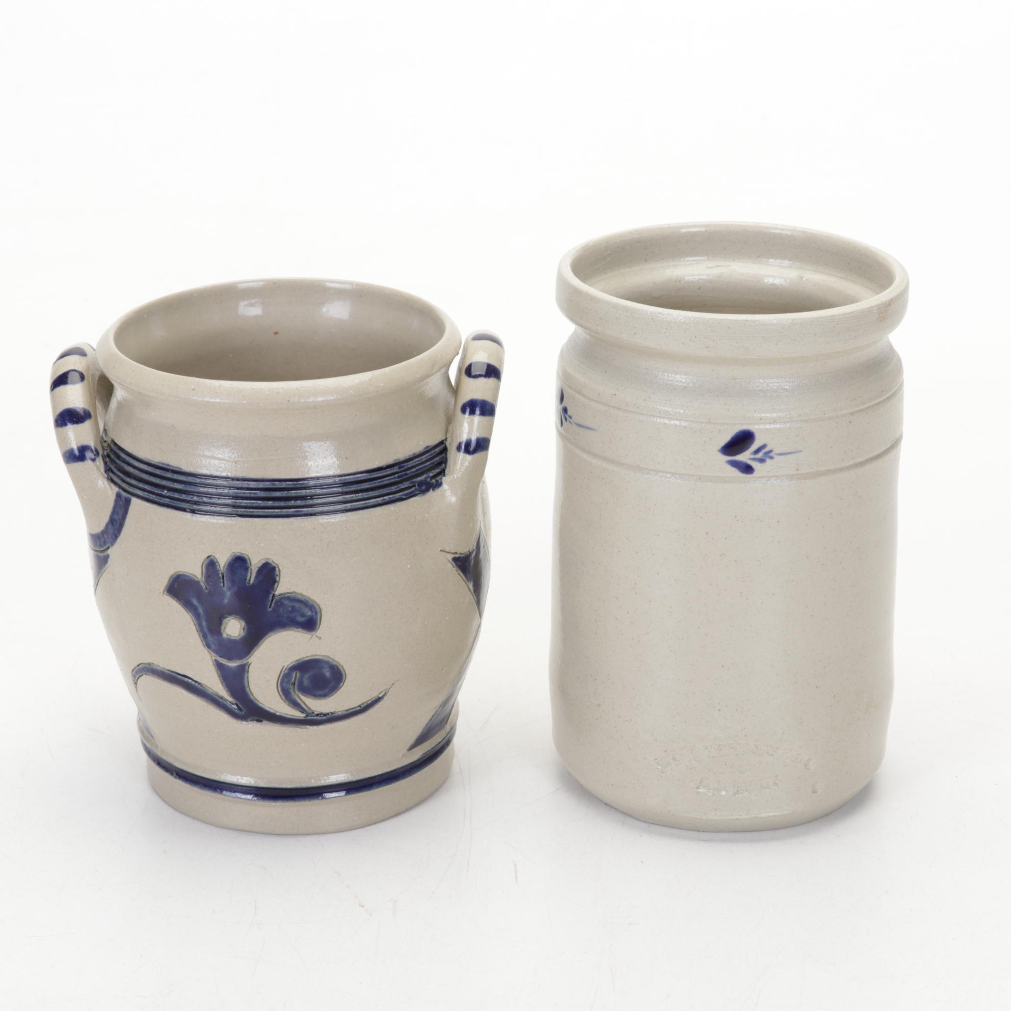 Royce Craft Woven Basket, Stoneware Crocks, and Baldwin Brass Candlesticks