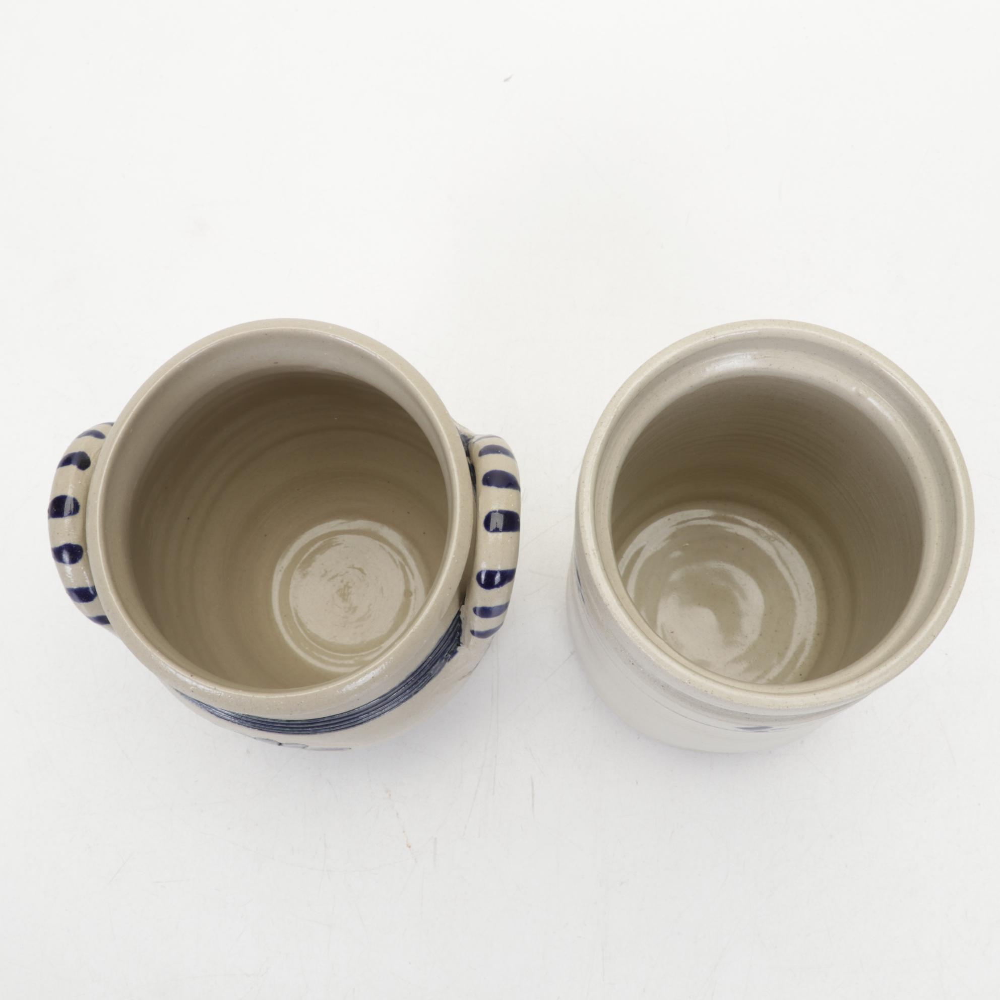 Royce Craft Woven Basket, Stoneware Crocks, and Baldwin Brass Candlesticks