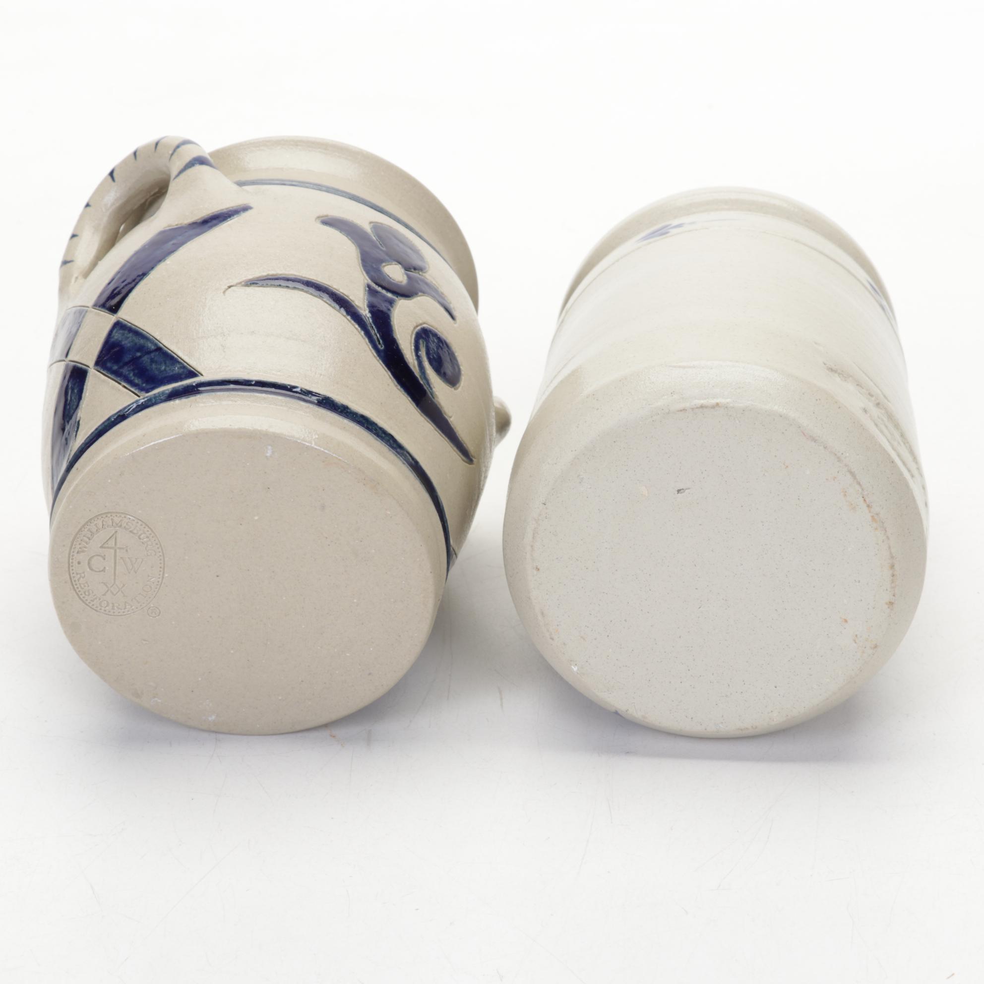 Royce Craft Woven Basket, Stoneware Crocks, and Baldwin Brass Candlesticks