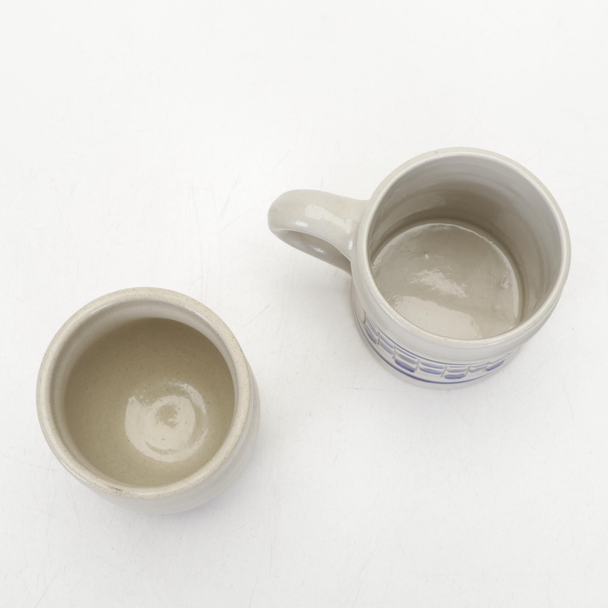 Royce Craft Woven Basket, Stoneware Crocks, and Baldwin Brass Candlesticks