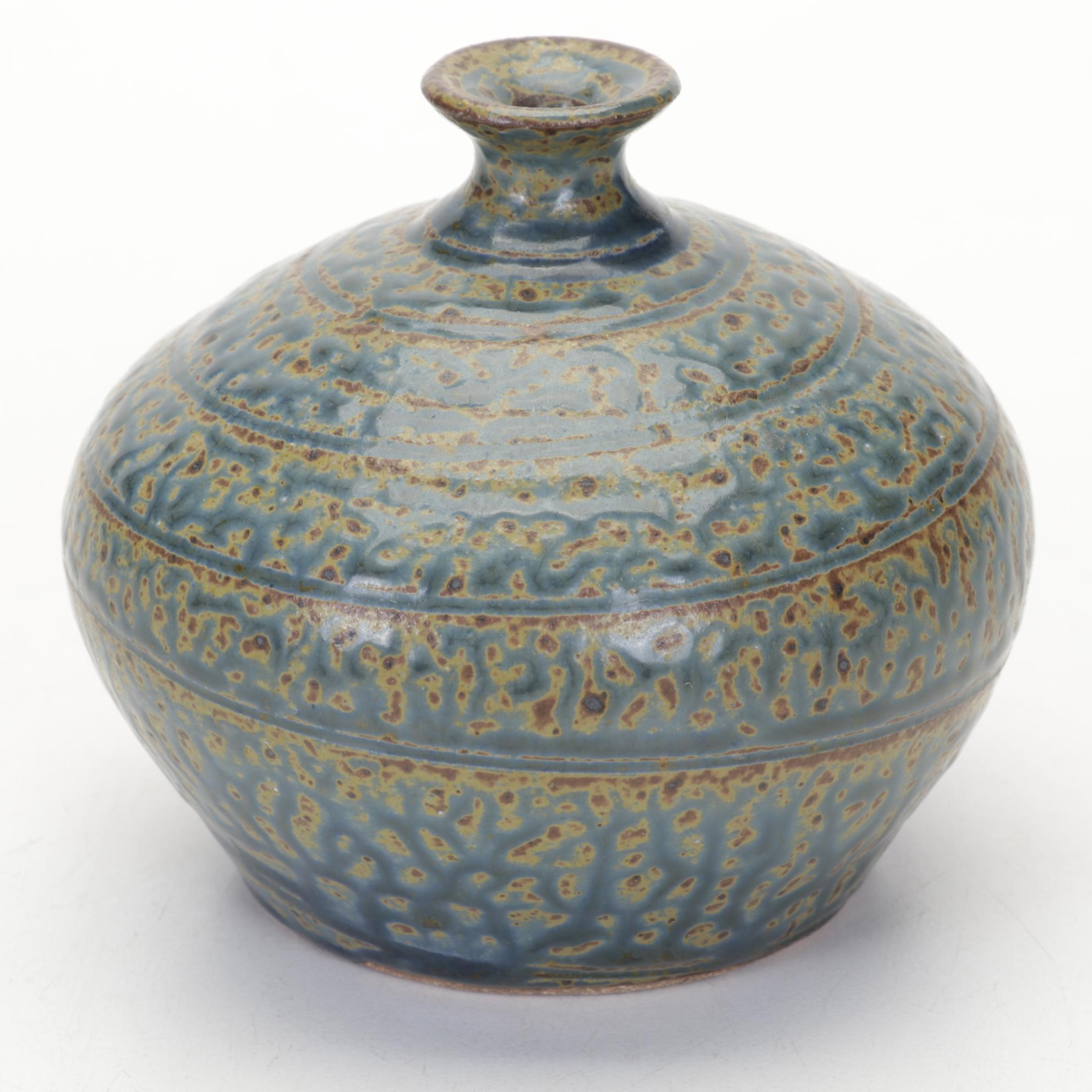 Royce Craft Woven Basket, Stoneware Crocks, and Baldwin Brass Candlesticks