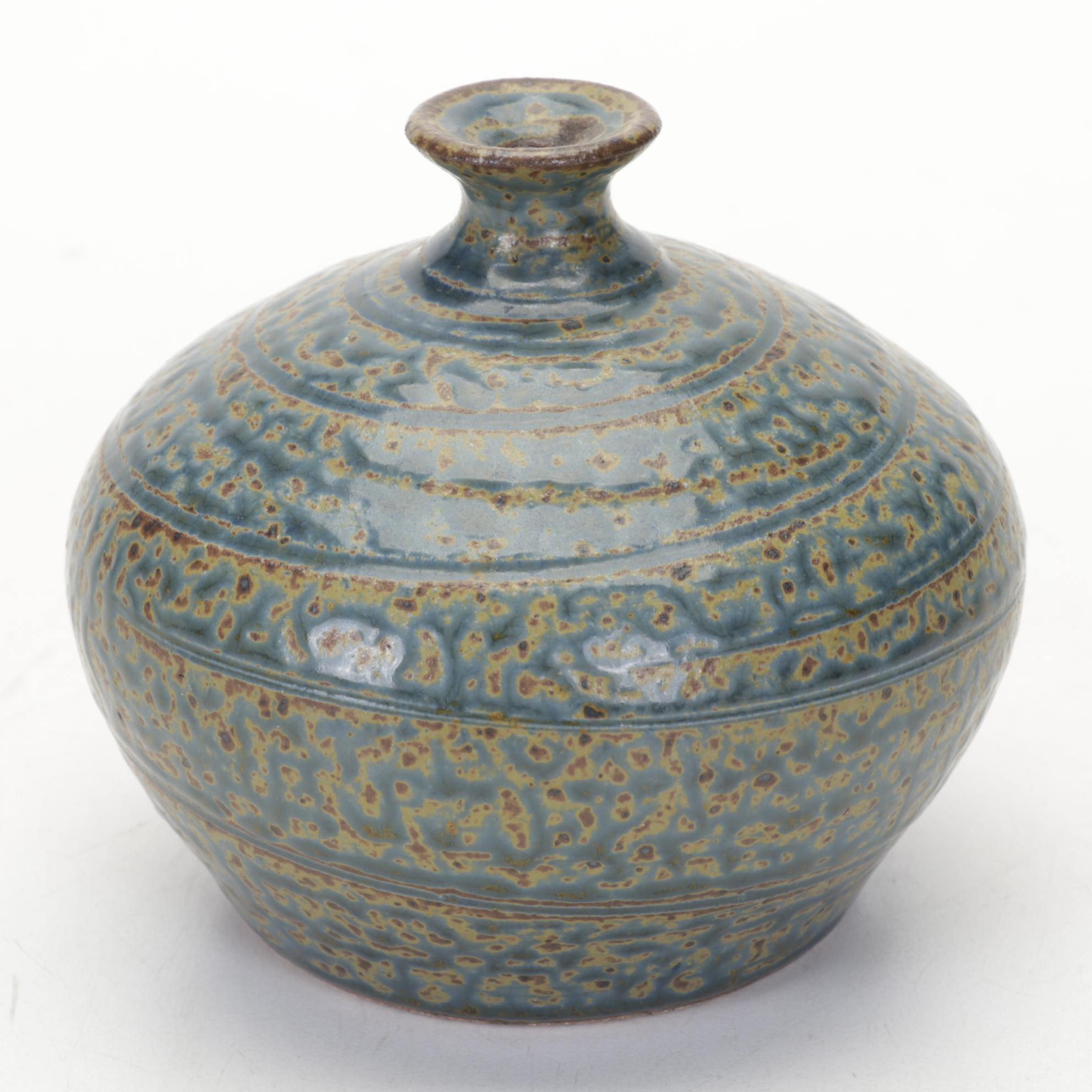 Royce Craft Woven Basket, Stoneware Crocks, and Baldwin Brass Candlesticks