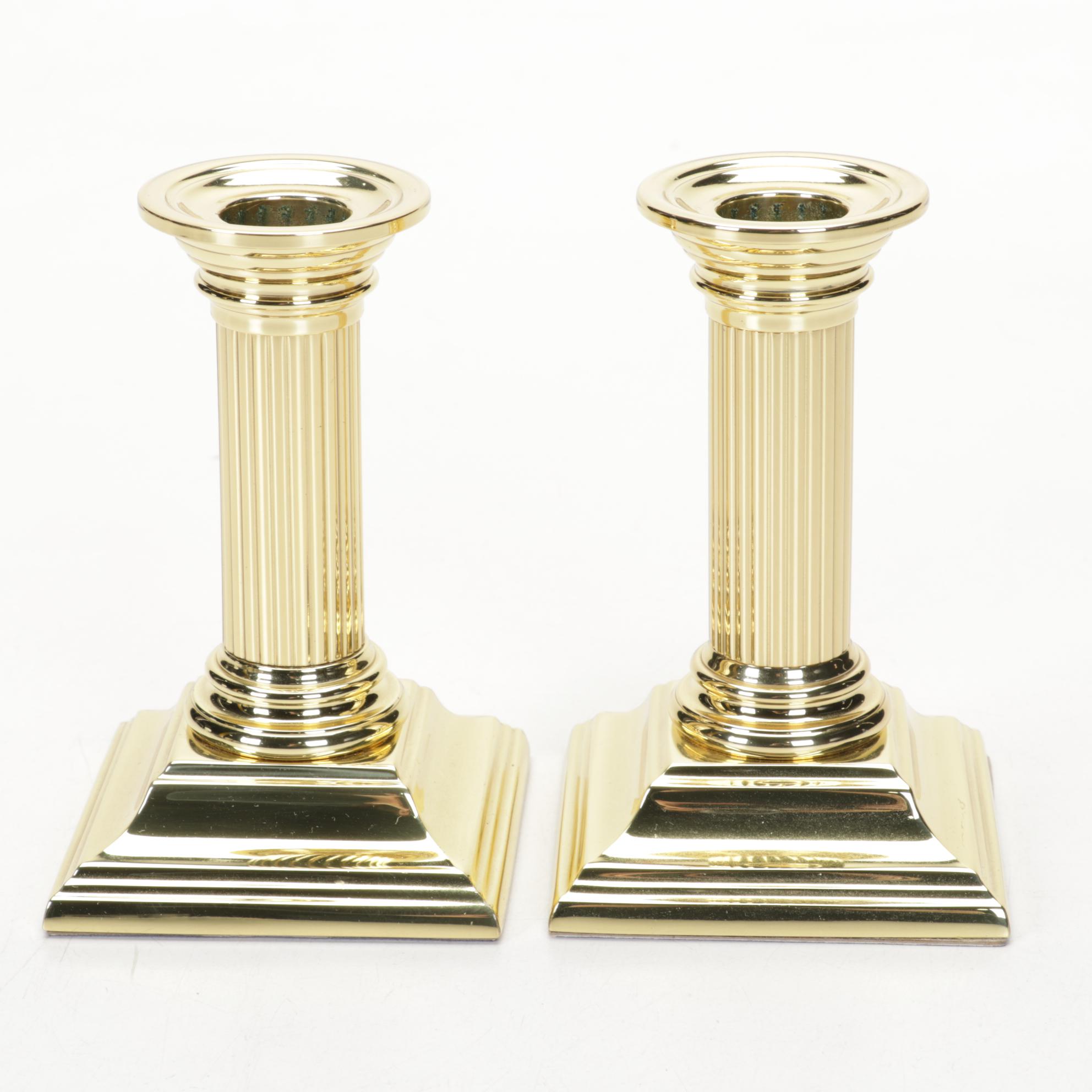 Royce Craft Woven Basket, Stoneware Crocks, and Baldwin Brass Candlesticks