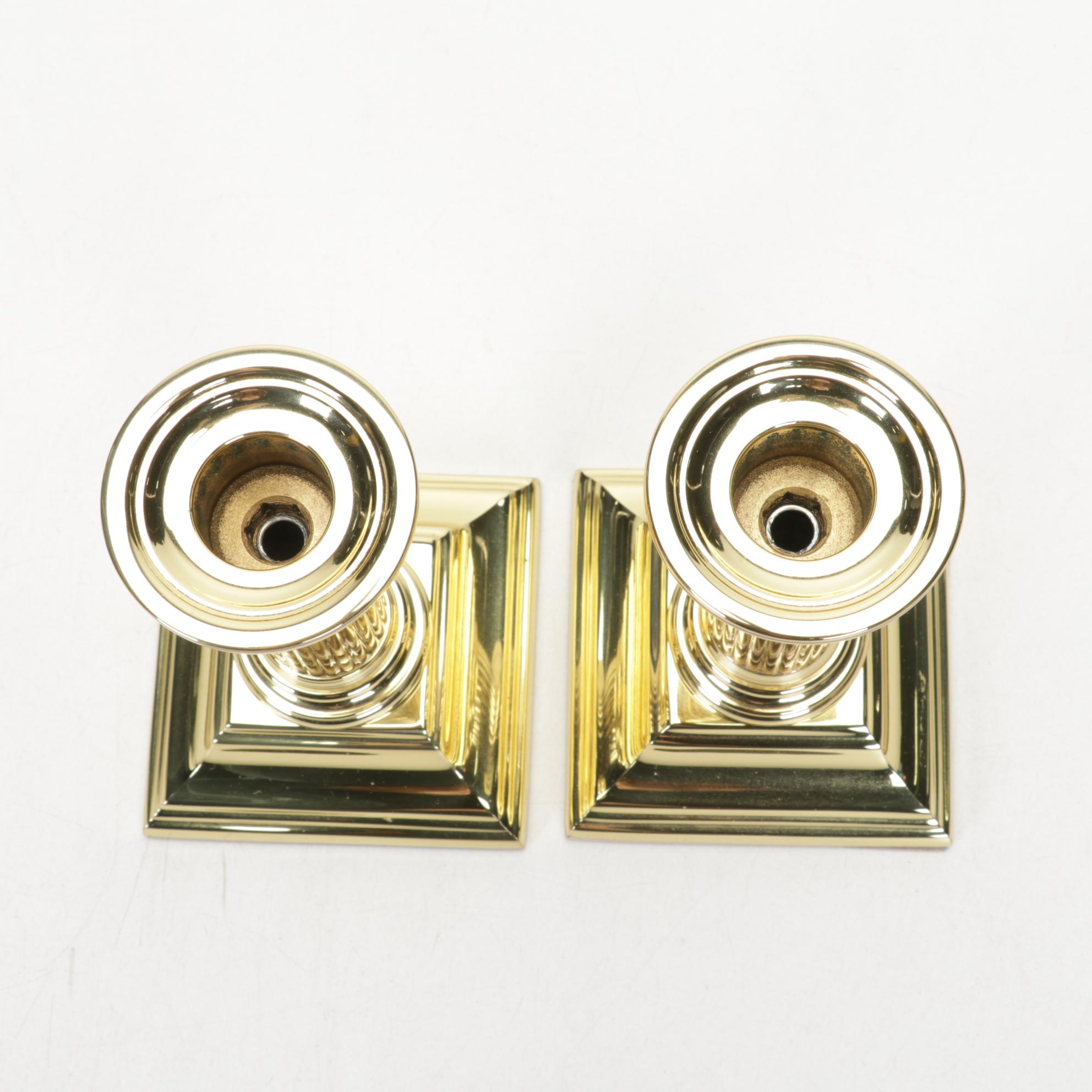 Royce Craft Woven Basket, Stoneware Crocks, and Baldwin Brass Candlesticks