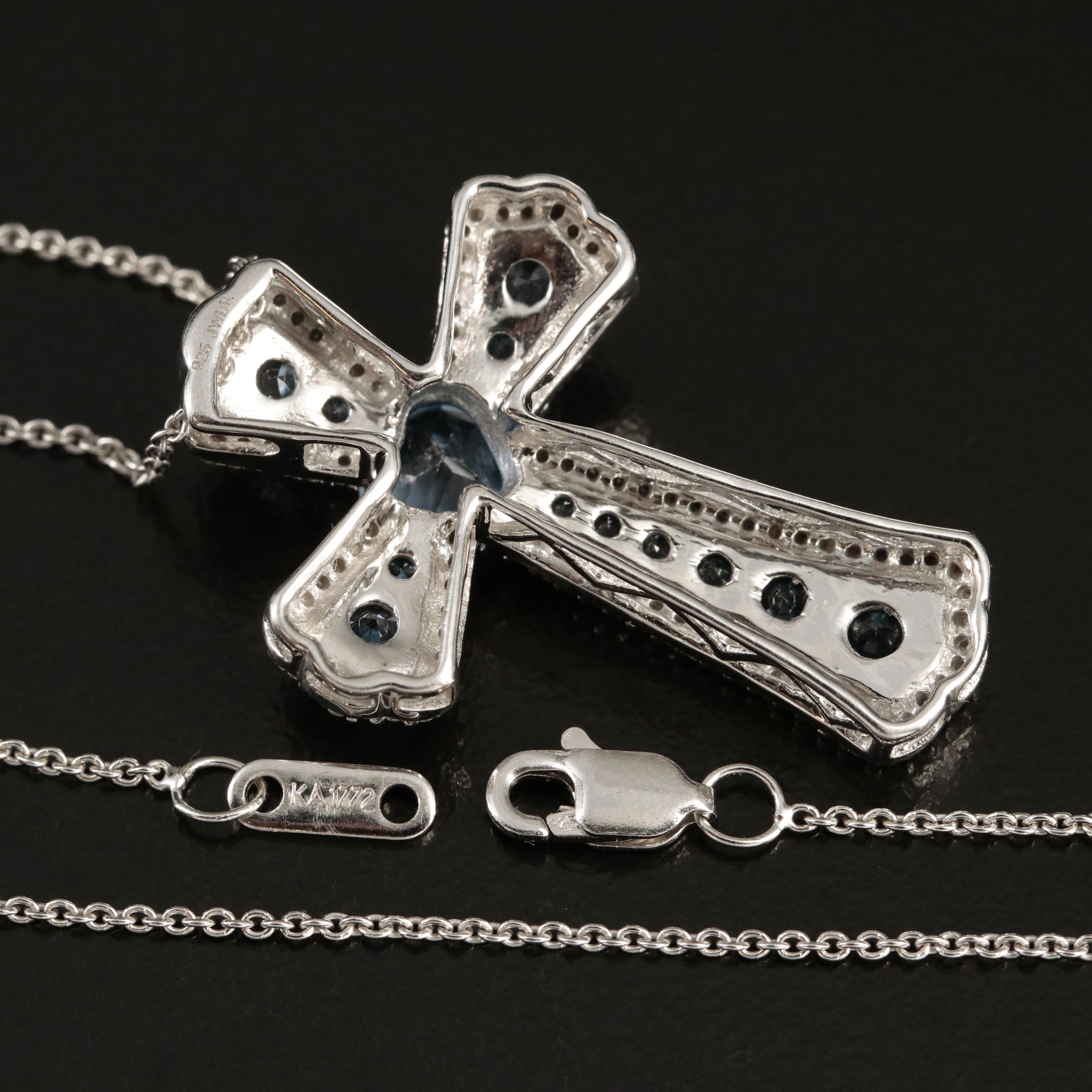 Sterling Spinel and Sapphire Cross Pendant Necklace