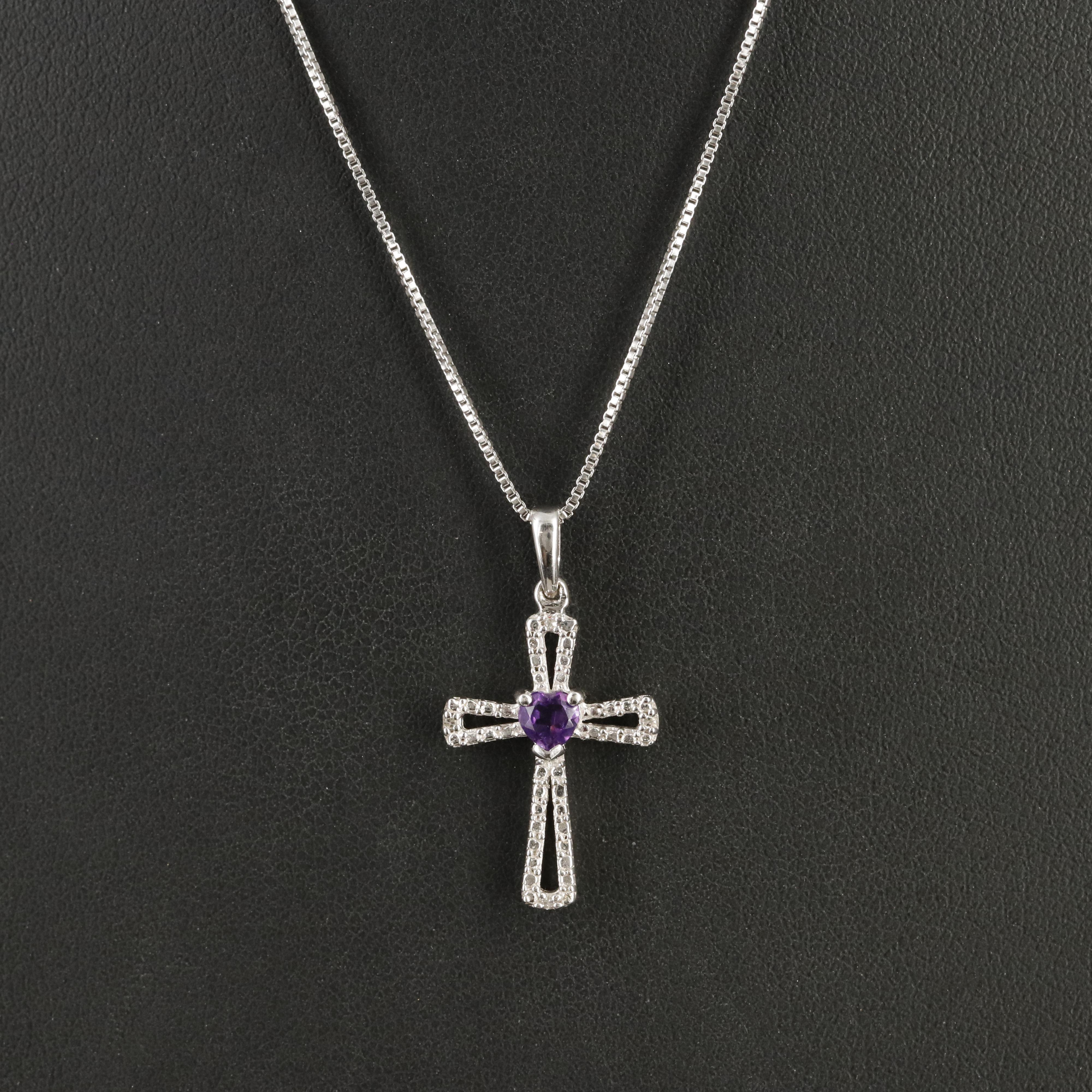 Sterling Amethyst and Diamond Cross Pendant Necklace