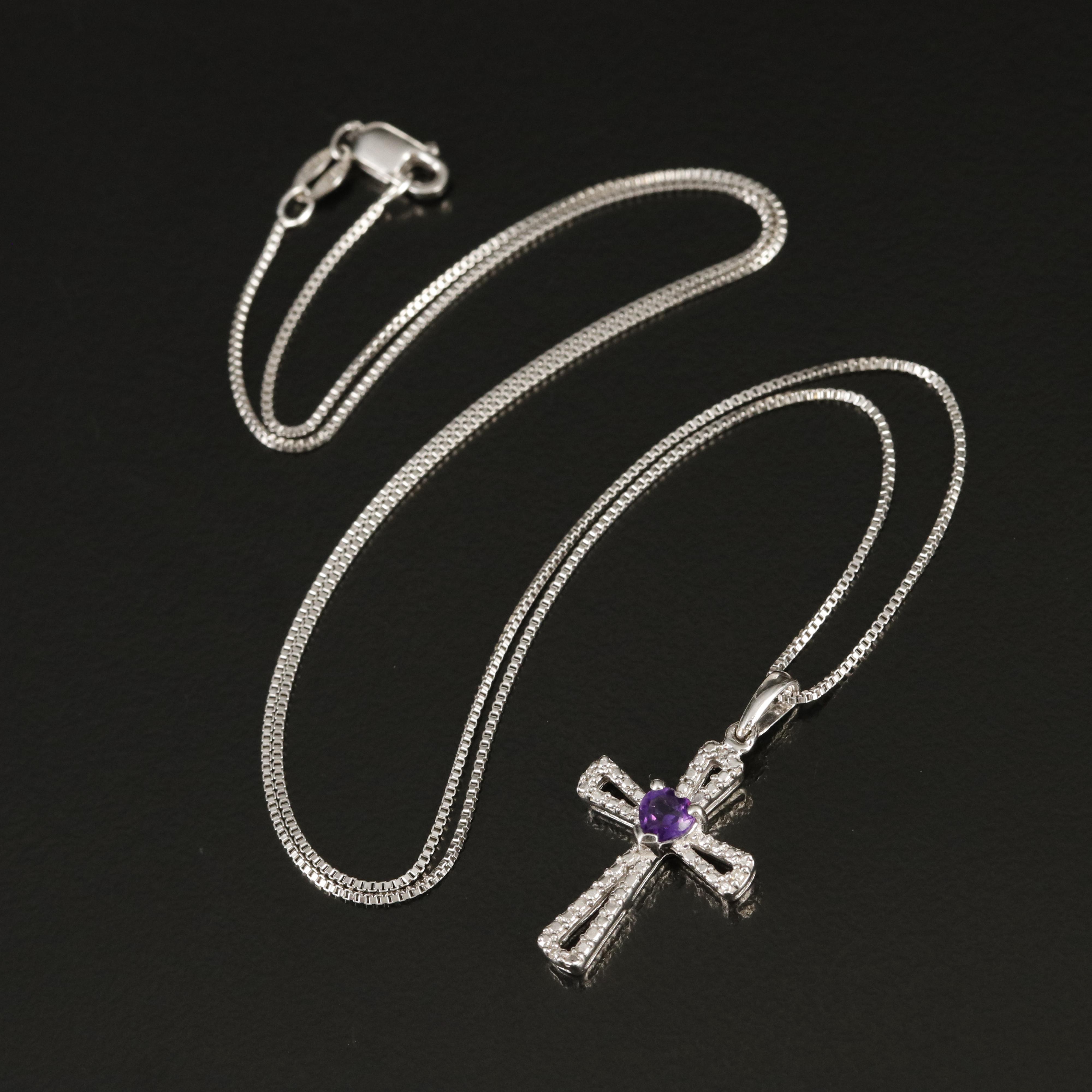 Sterling Amethyst and Diamond Cross Pendant Necklace