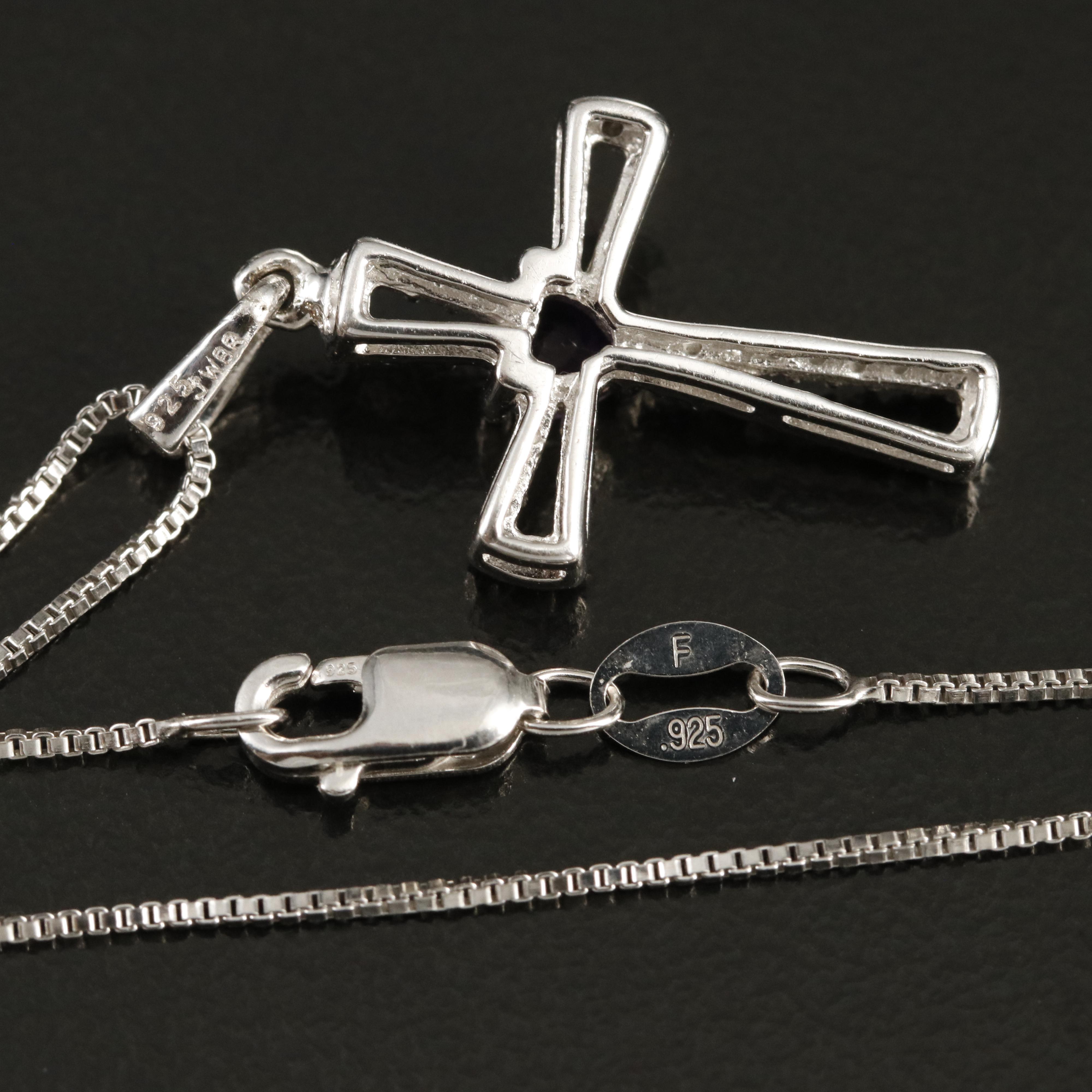 Sterling Amethyst and Diamond Cross Pendant Necklace