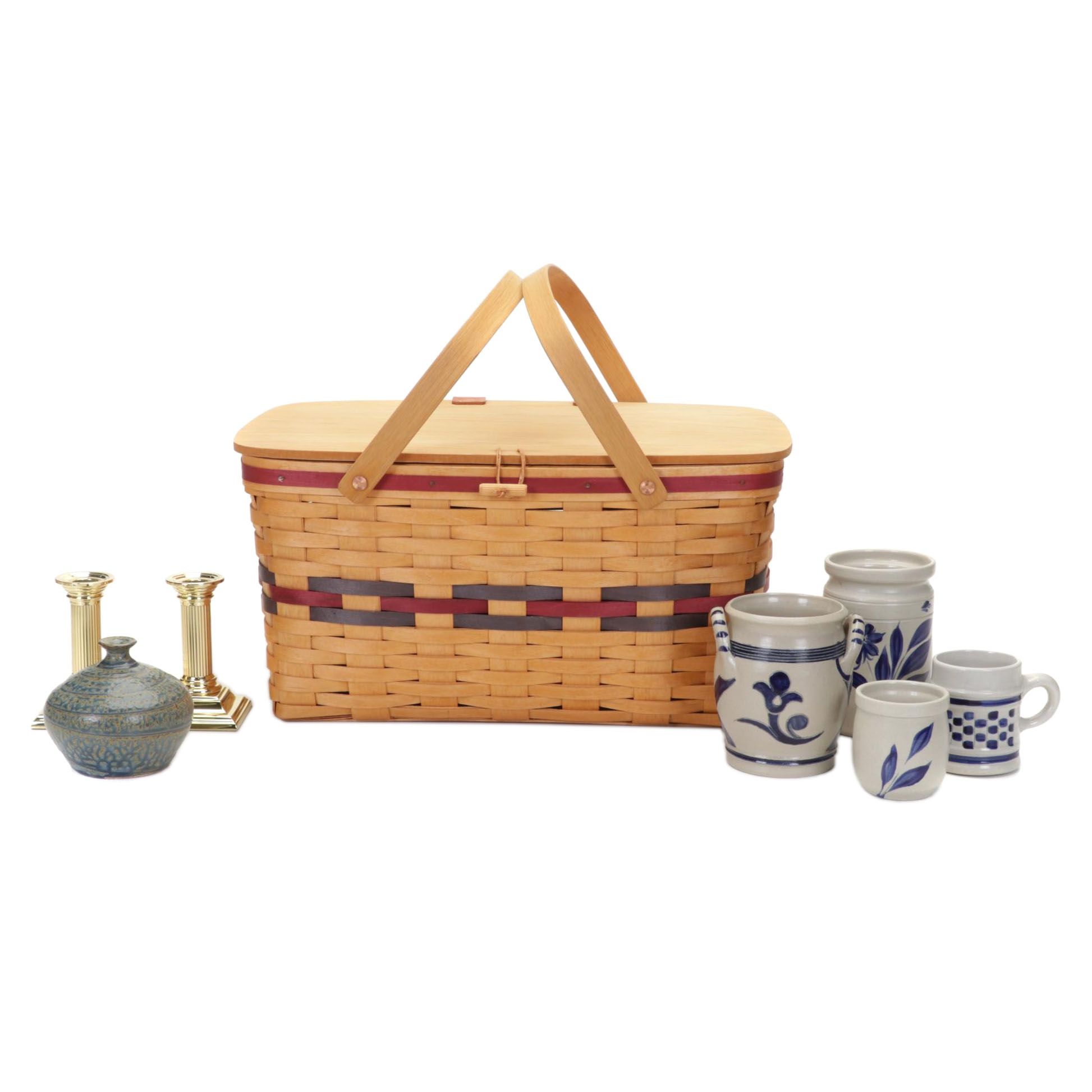 Royce Craft Woven Basket, Stoneware Crocks, and Baldwin Brass Candlesticks