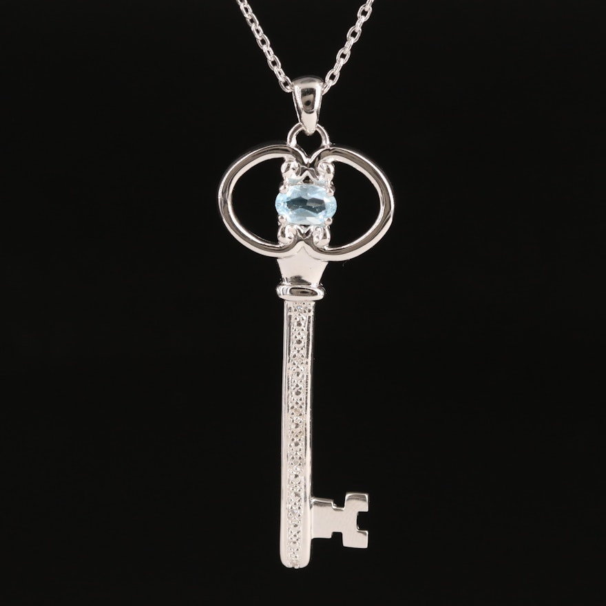 Sterling Sky Blue Topaz and Diamond Key Necklace