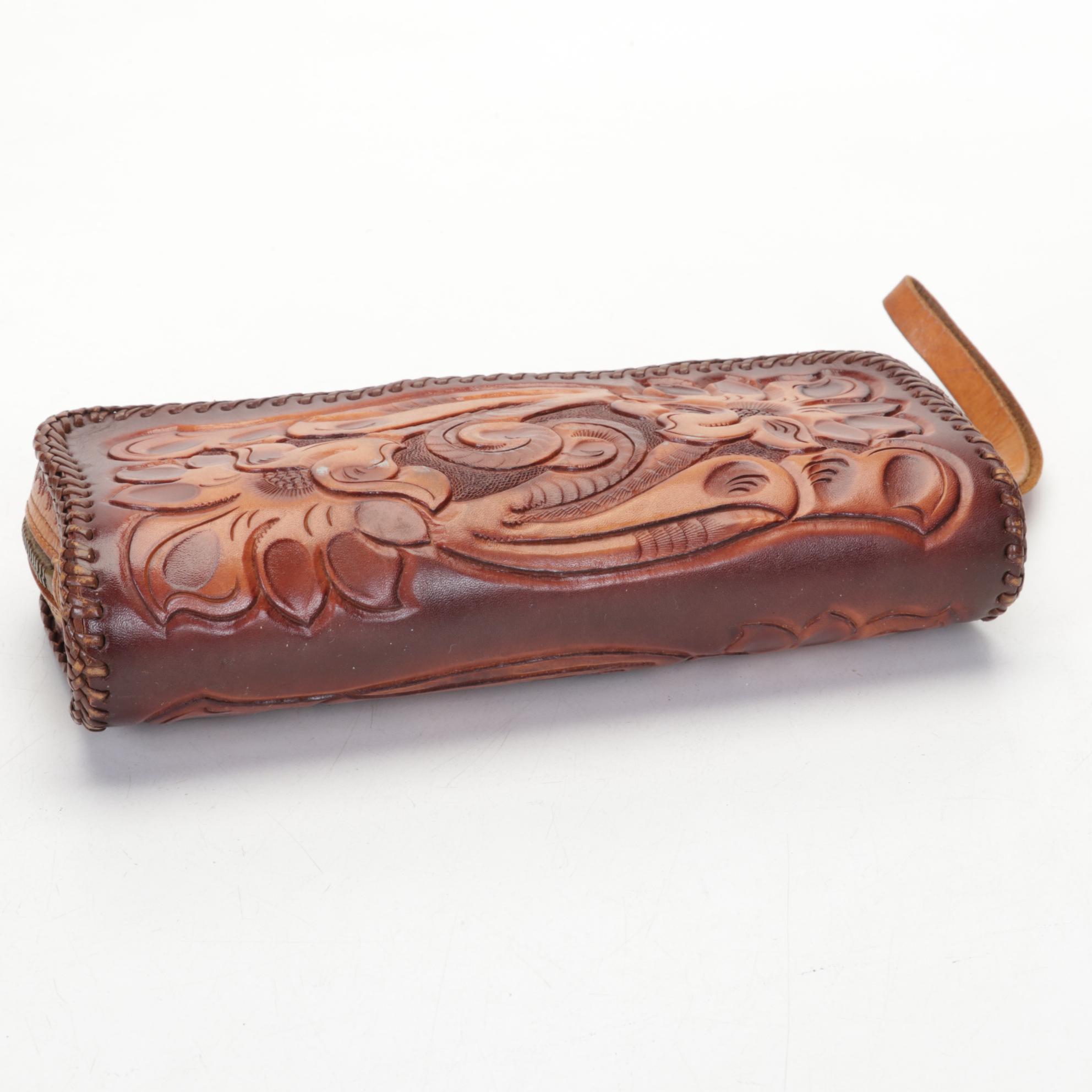 Hand Tooled Leather Clutch and Handbag