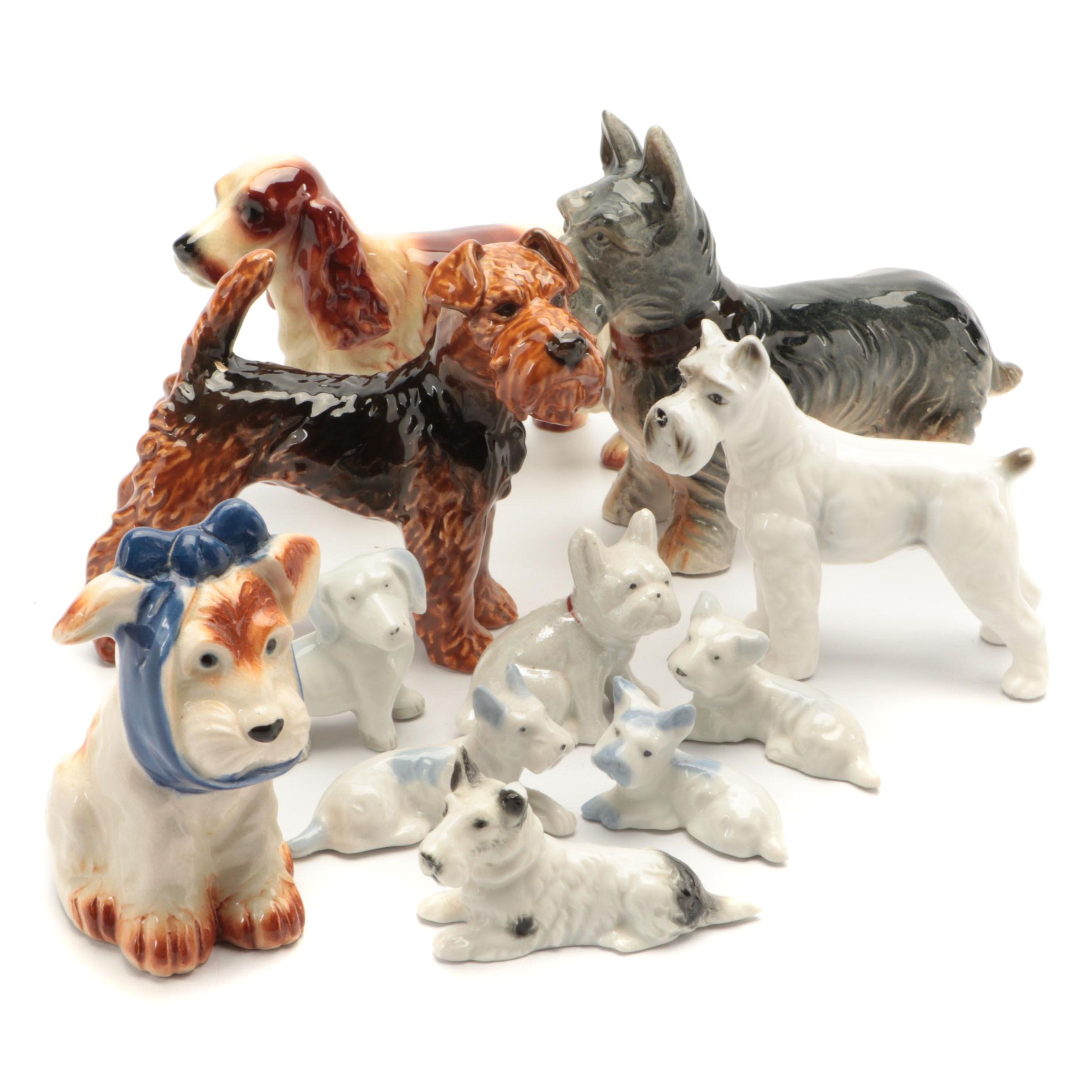 Goebel Spaniel and Terrier with Other Ceramic Dog Figurines