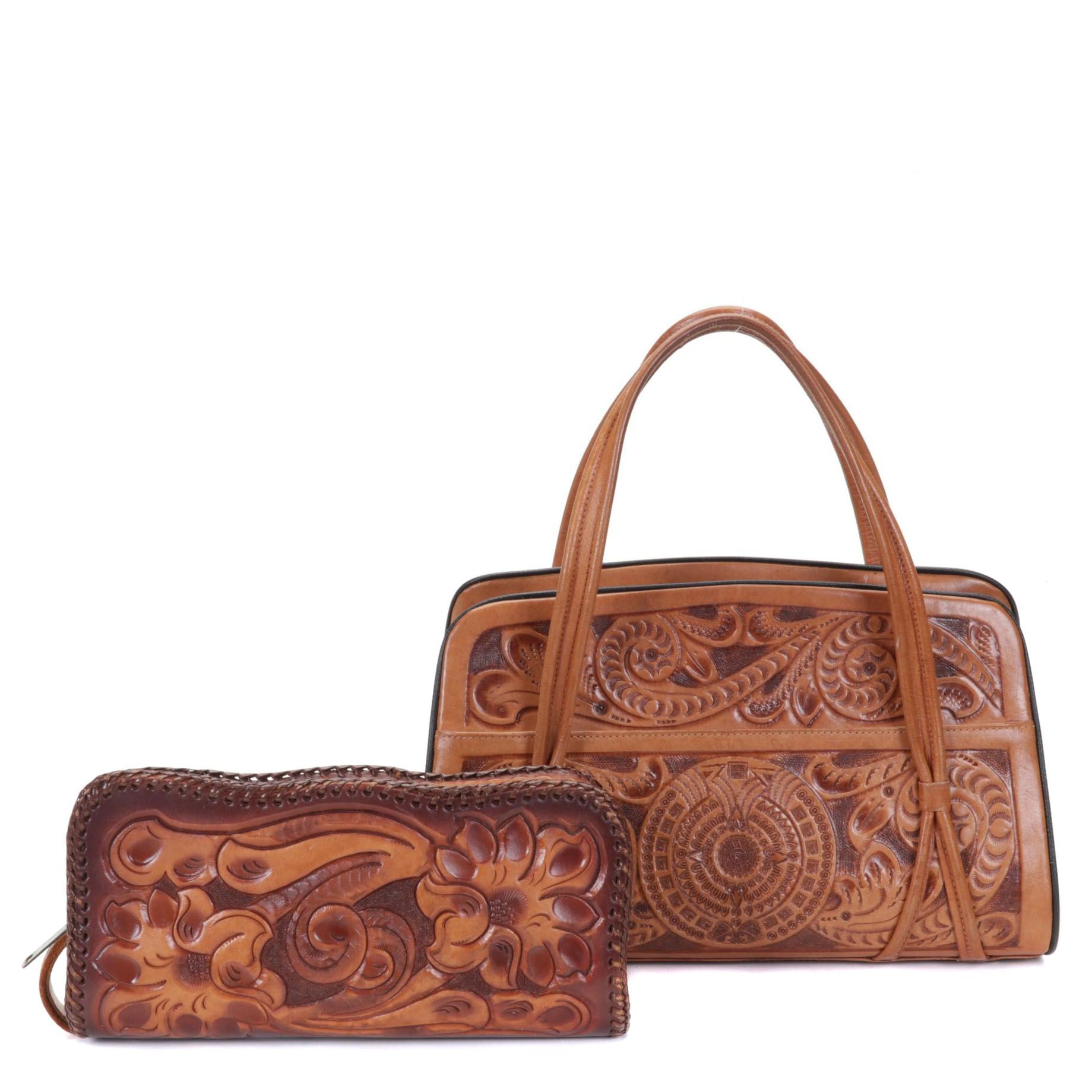 Hand Tooled Leather Clutch and Handbag