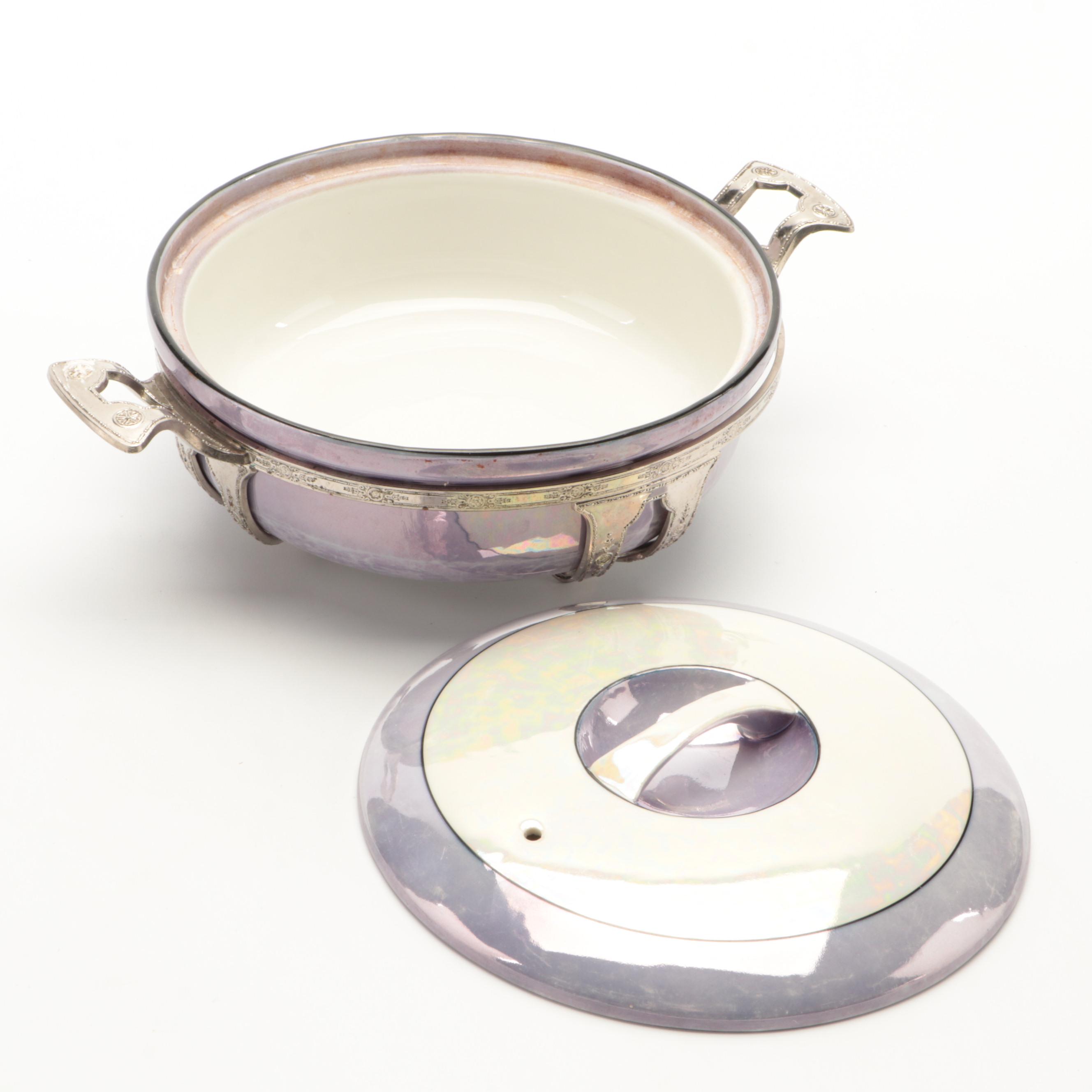 Royal Rochester Lustreware Porcelain Serving Dish with Silver Plate Stand