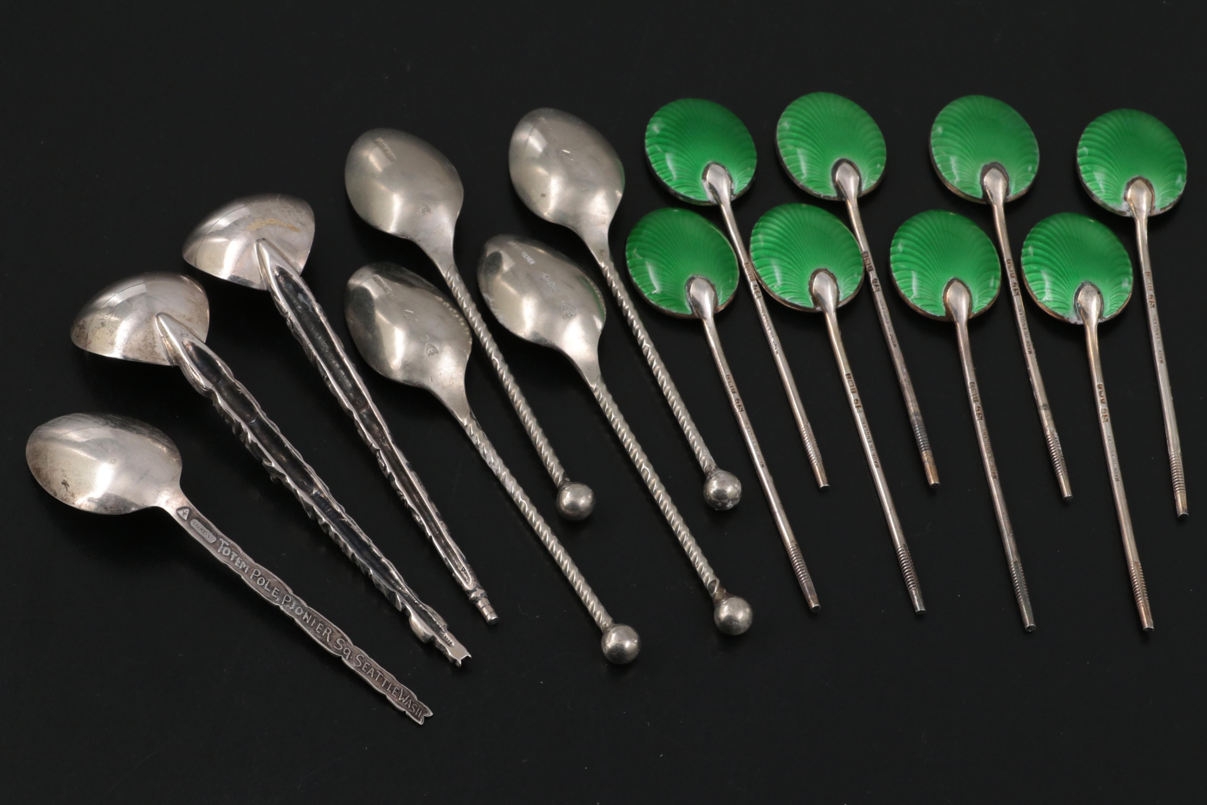 William Suckling Enameled Sterling Spoons with Demitasse Spoon Collection