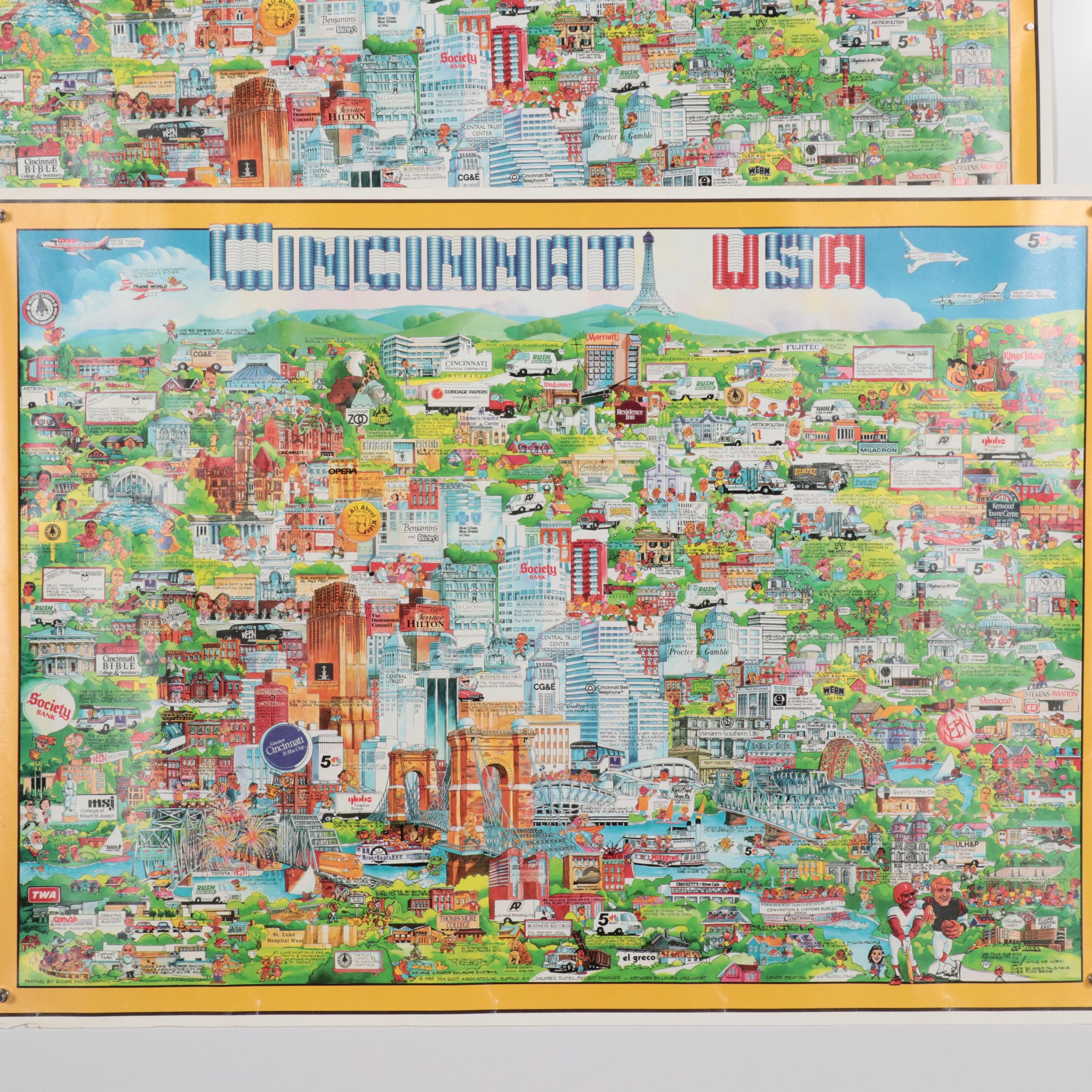 Laura Urquhart Offset Lithograph Pictorial Maps "Cincinnati, USA," 1989