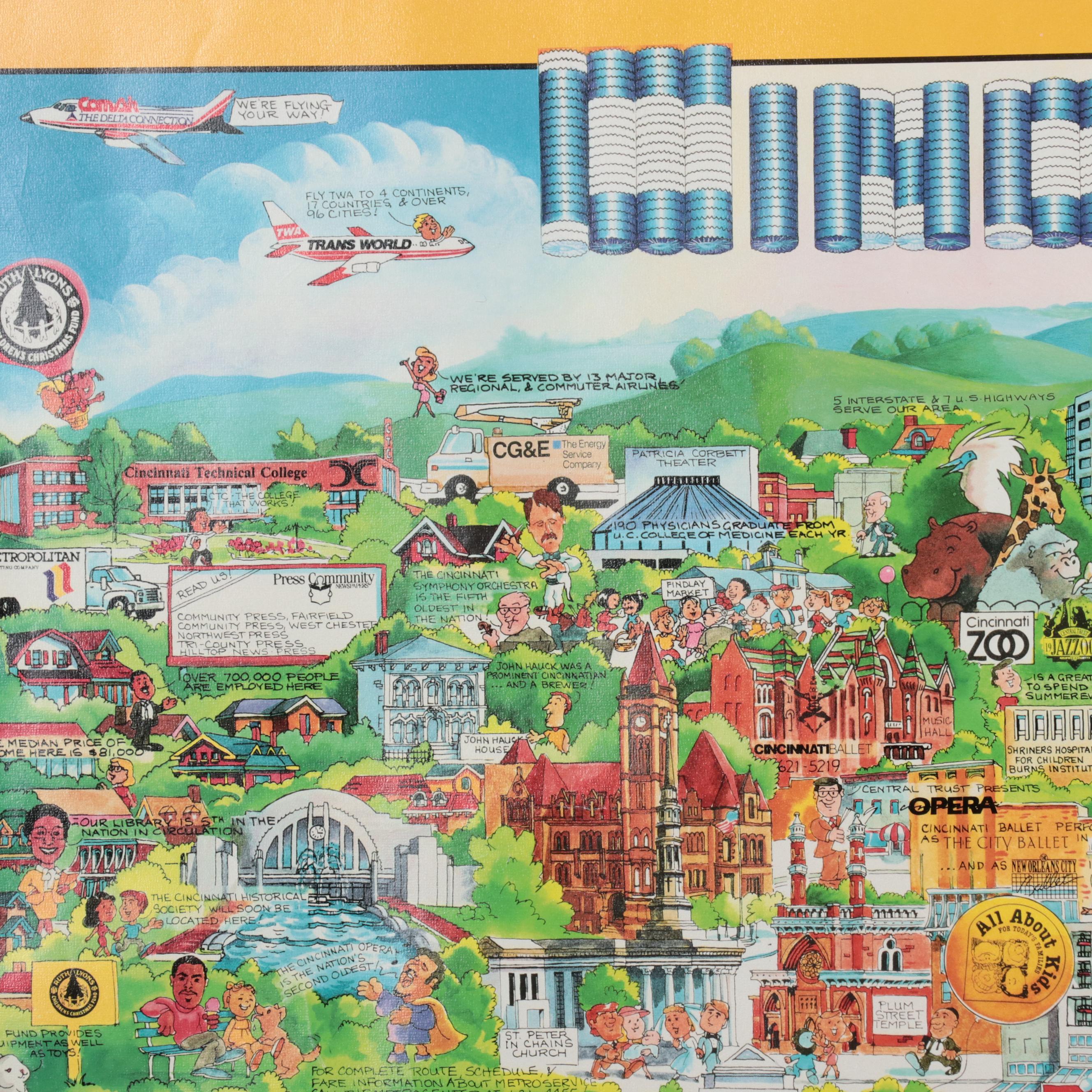 Laura Urquhart Offset Lithograph Pictorial Maps "Cincinnati, USA," 1989