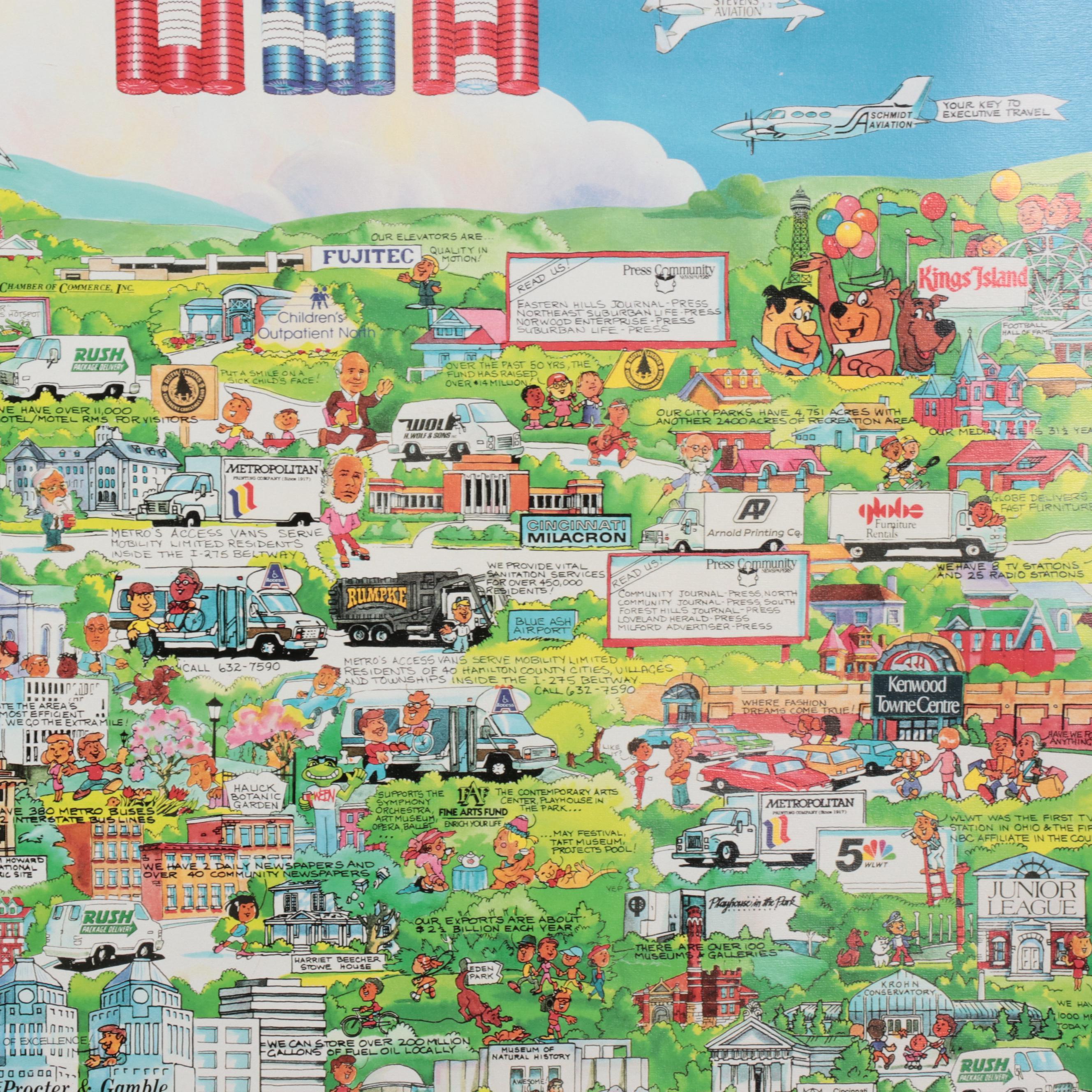 Laura Urquhart Offset Lithograph Pictorial Maps "Cincinnati, USA," 1989