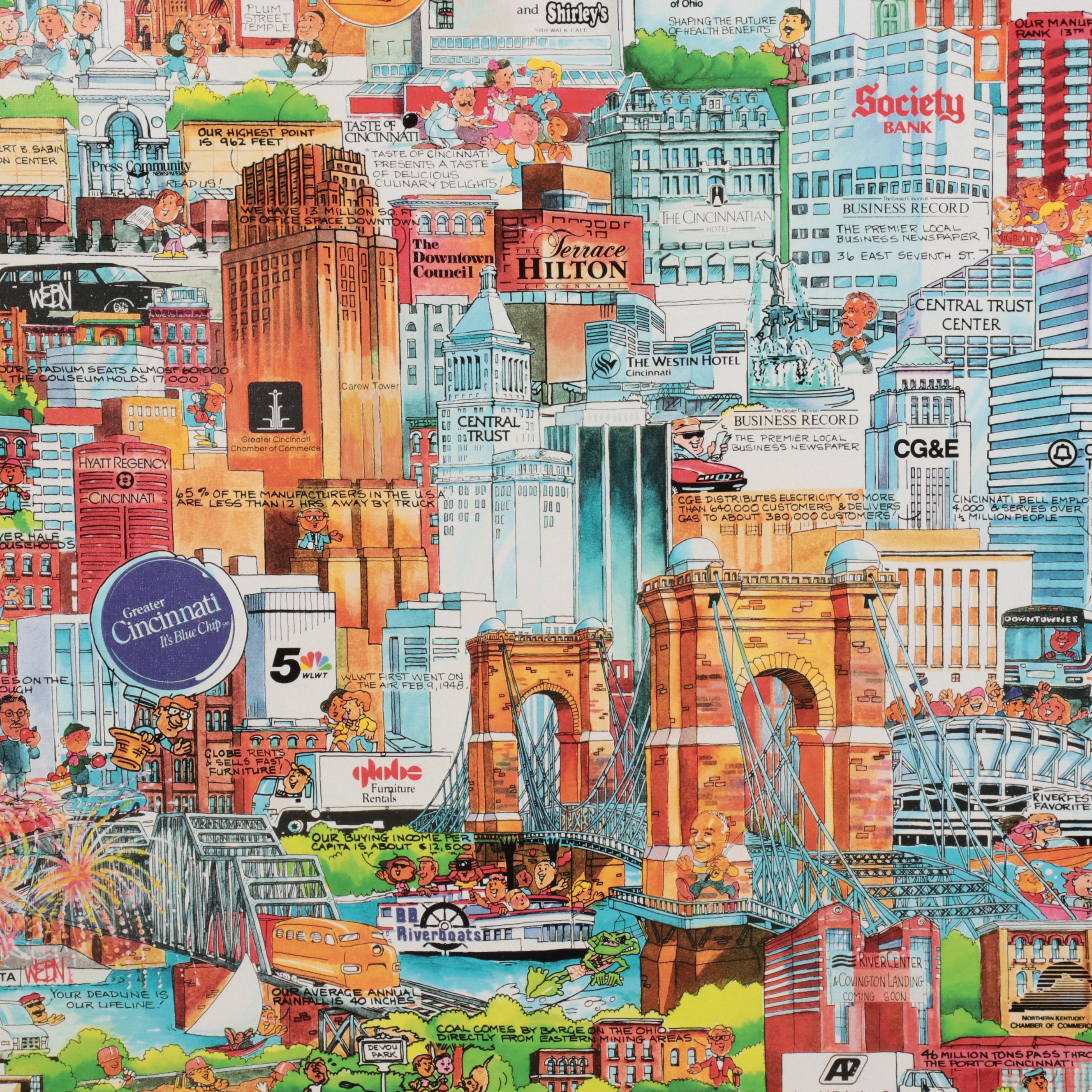 Laura Urquhart Offset Lithograph Pictorial Maps "Cincinnati, USA," 1989