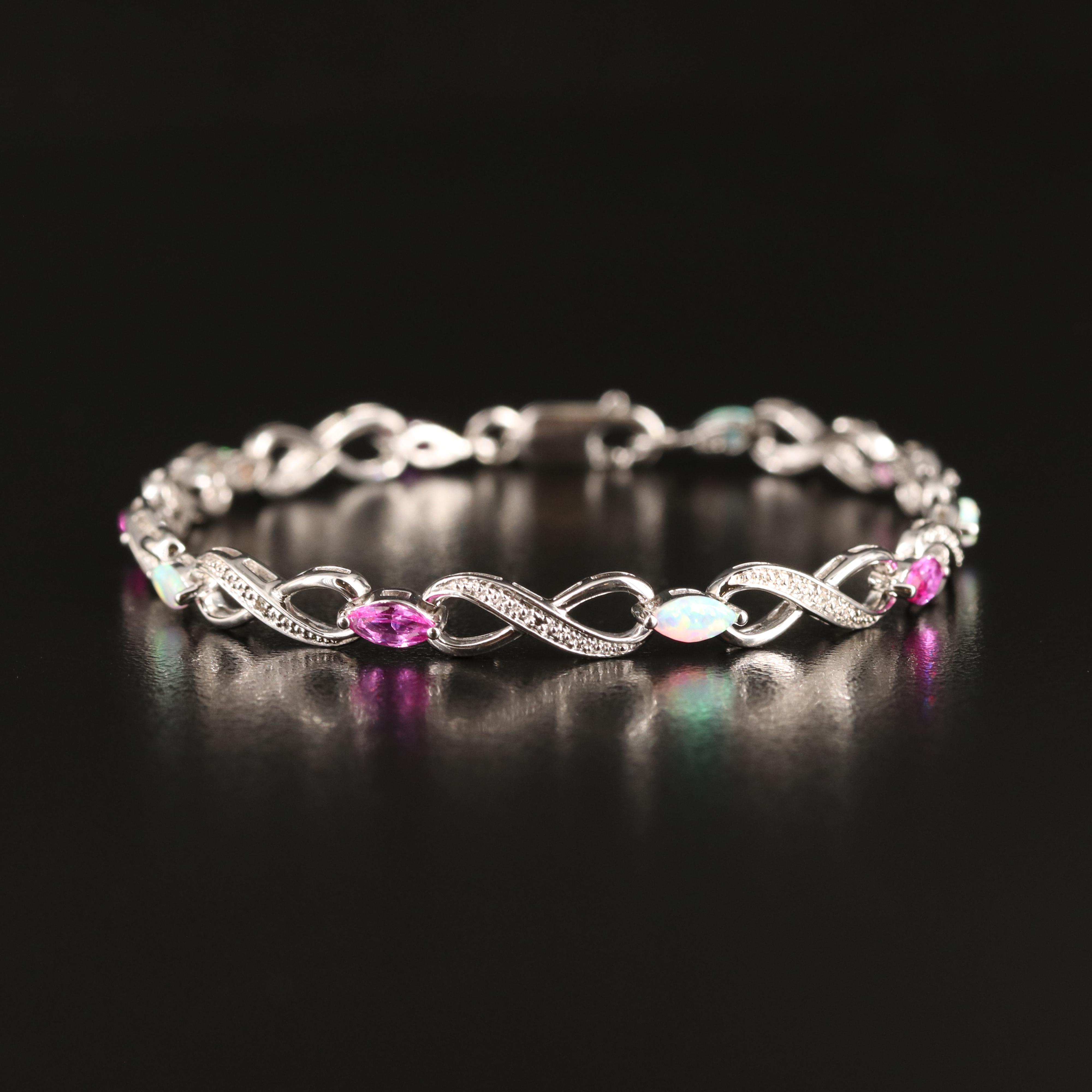 Sterling Pink Sapphire, Opal and Diamond Bracelet