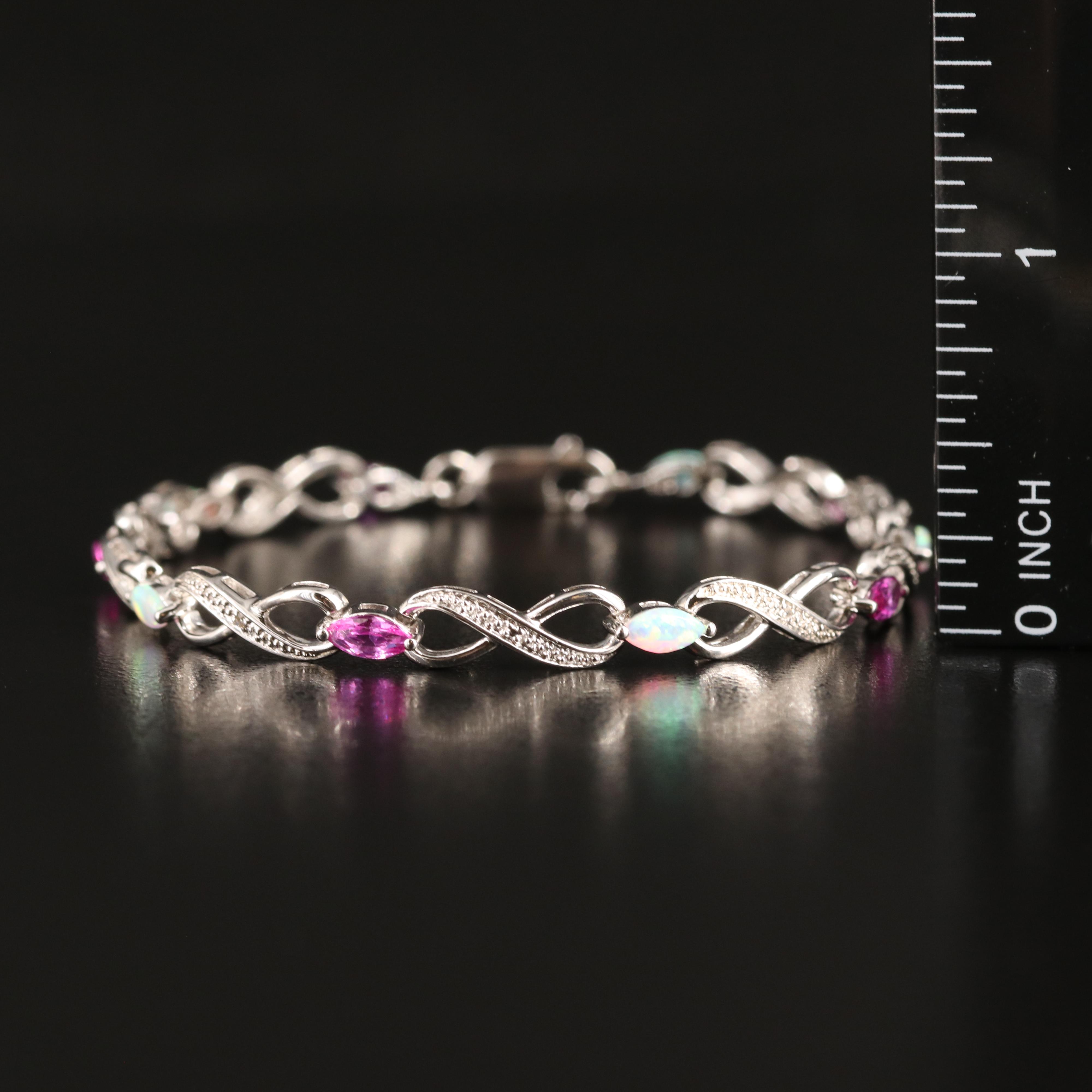 Sterling Pink Sapphire, Opal and Diamond Bracelet