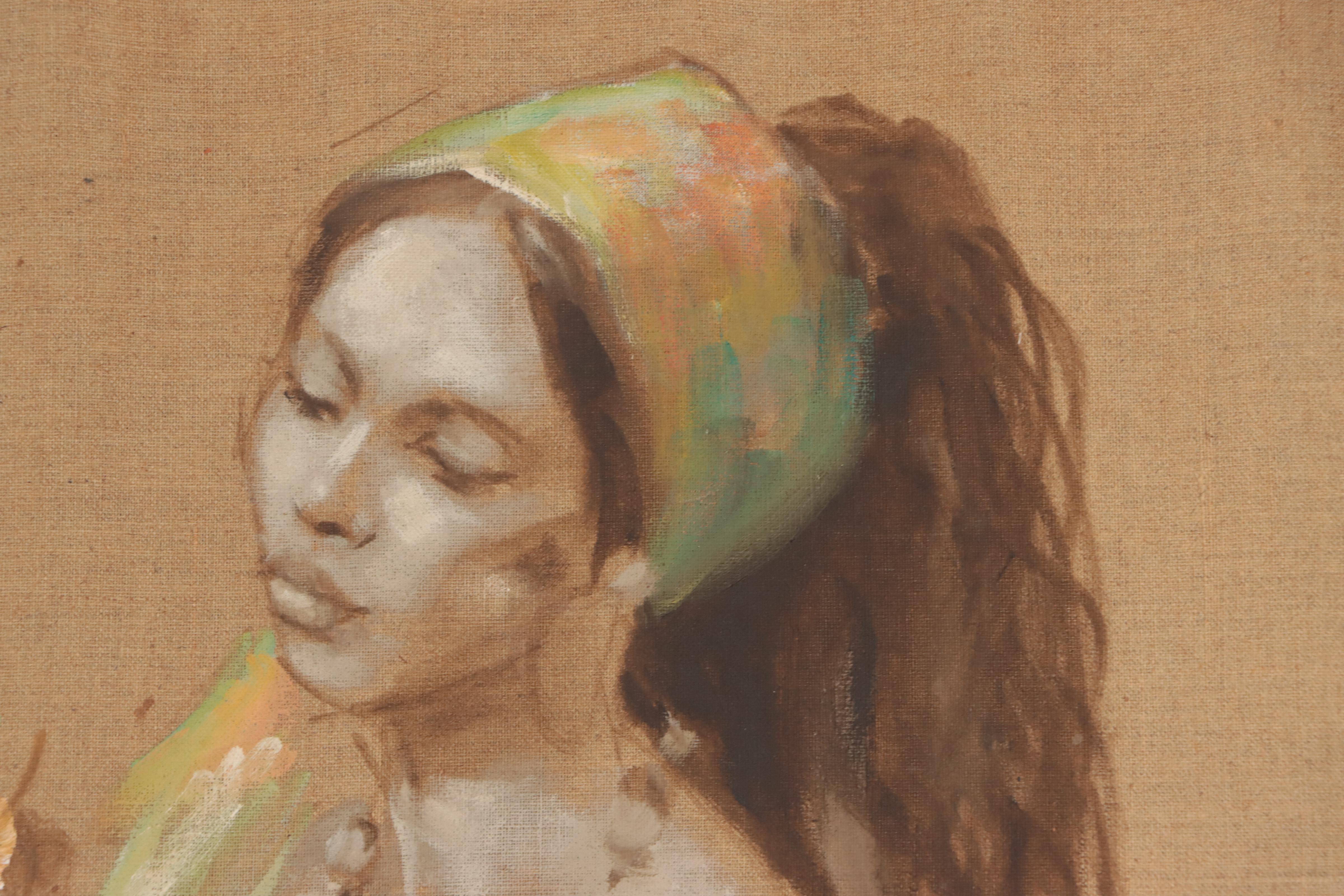 Alex Schloss Oil Painting of a Woman with Flowers, Mid-20th Century