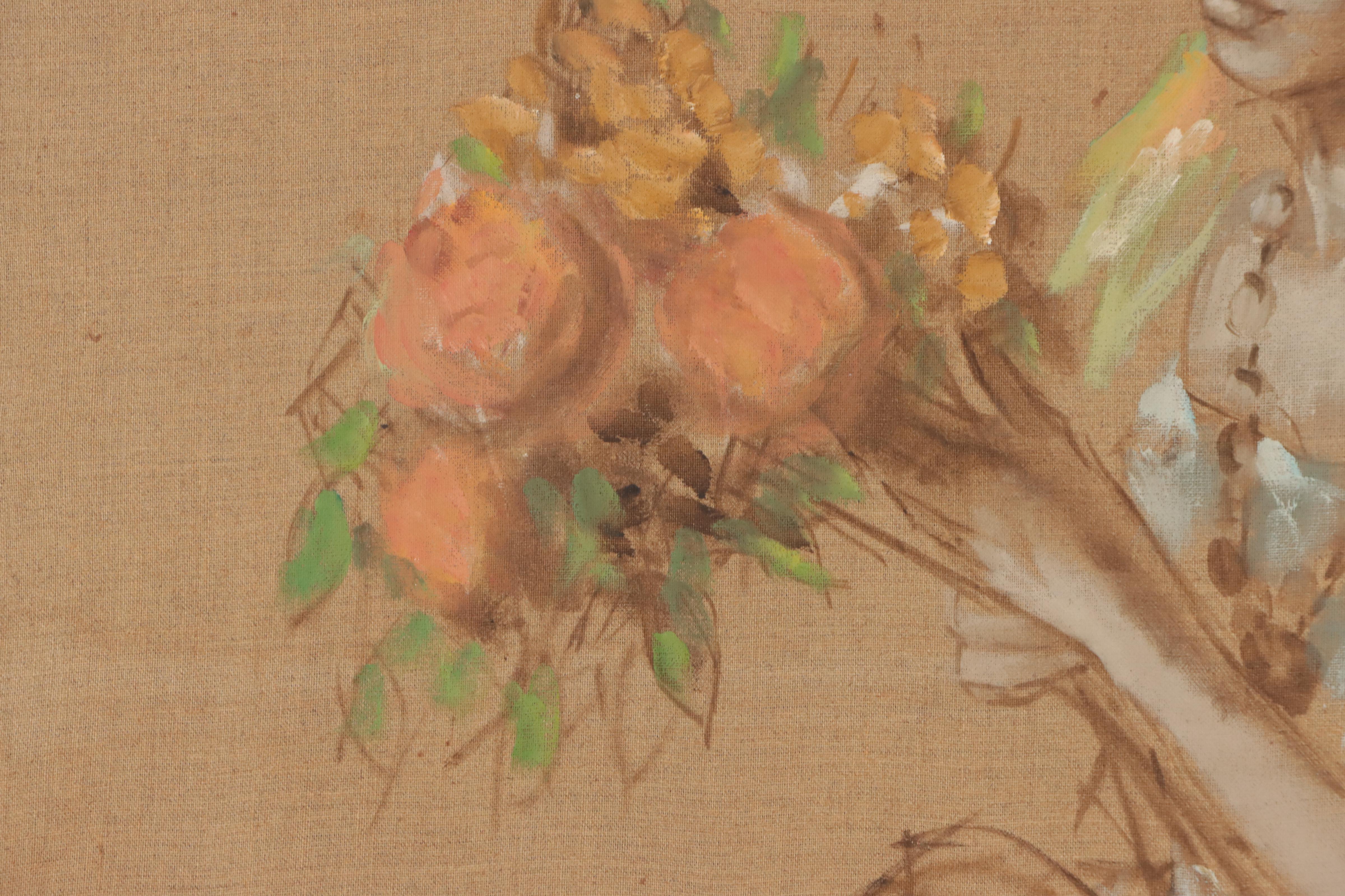 Alex Schloss Oil Painting of a Woman with Flowers, Mid-20th Century