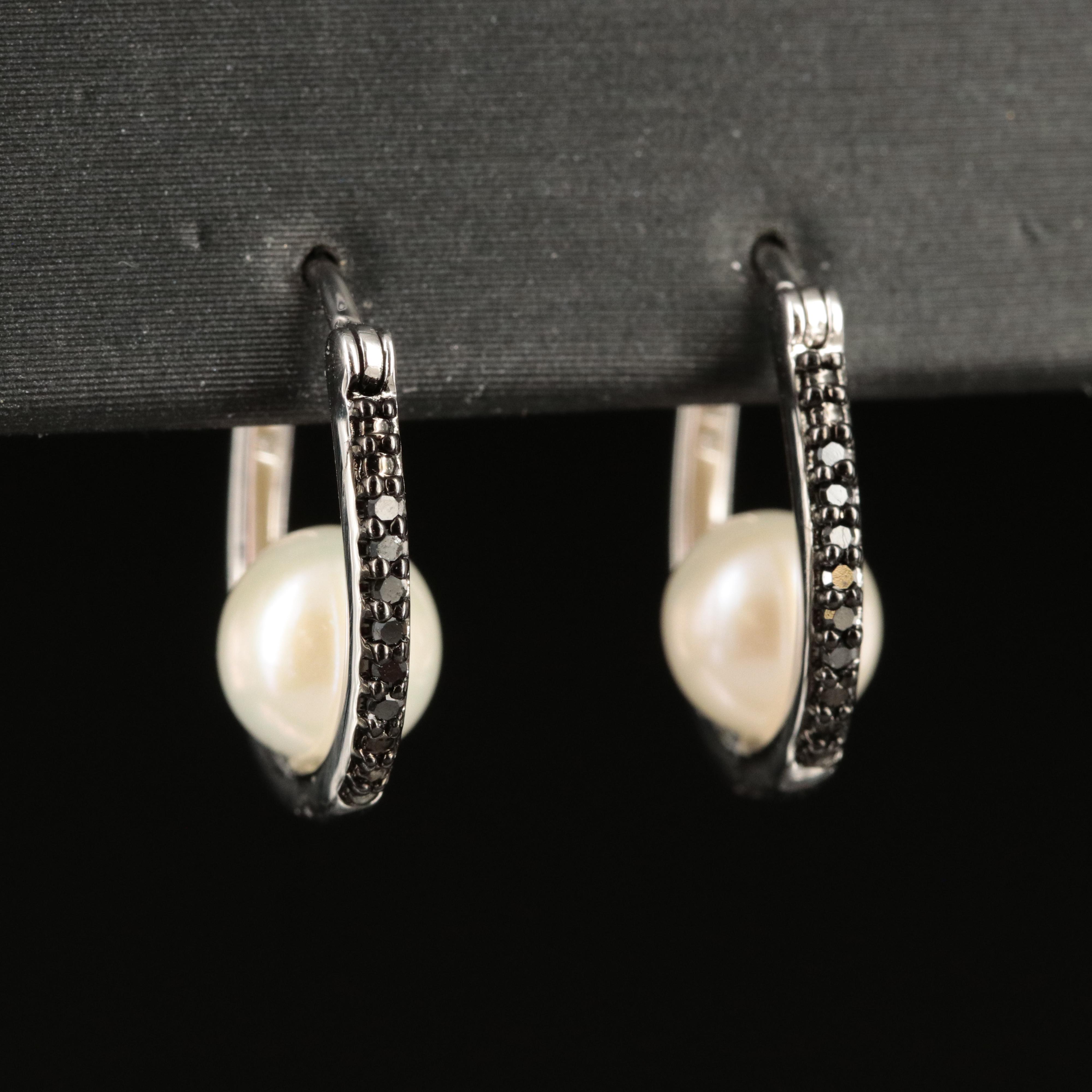 Sterling Pearl and Diamond Hoop Earrings