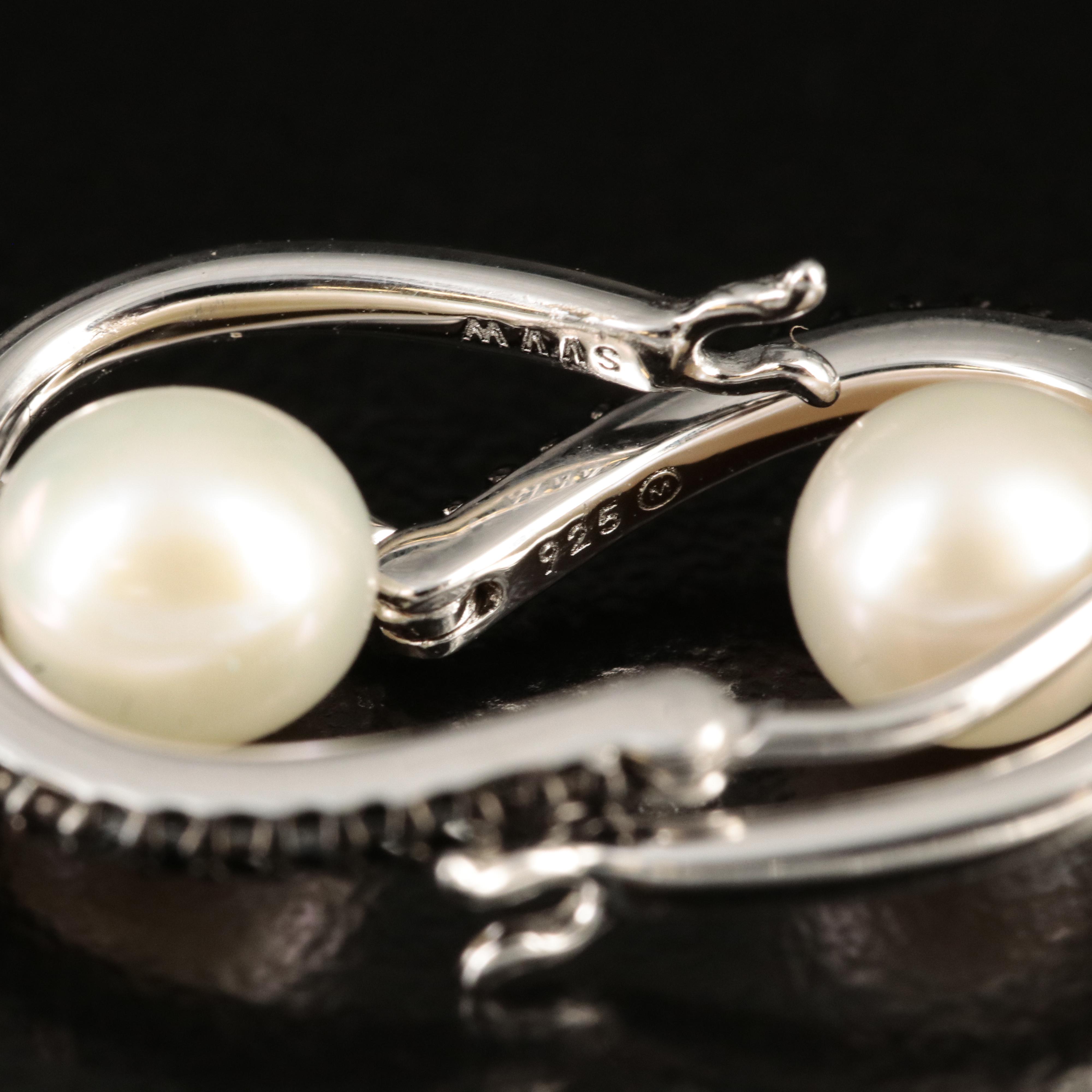 Sterling Pearl and Diamond Hoop Earrings