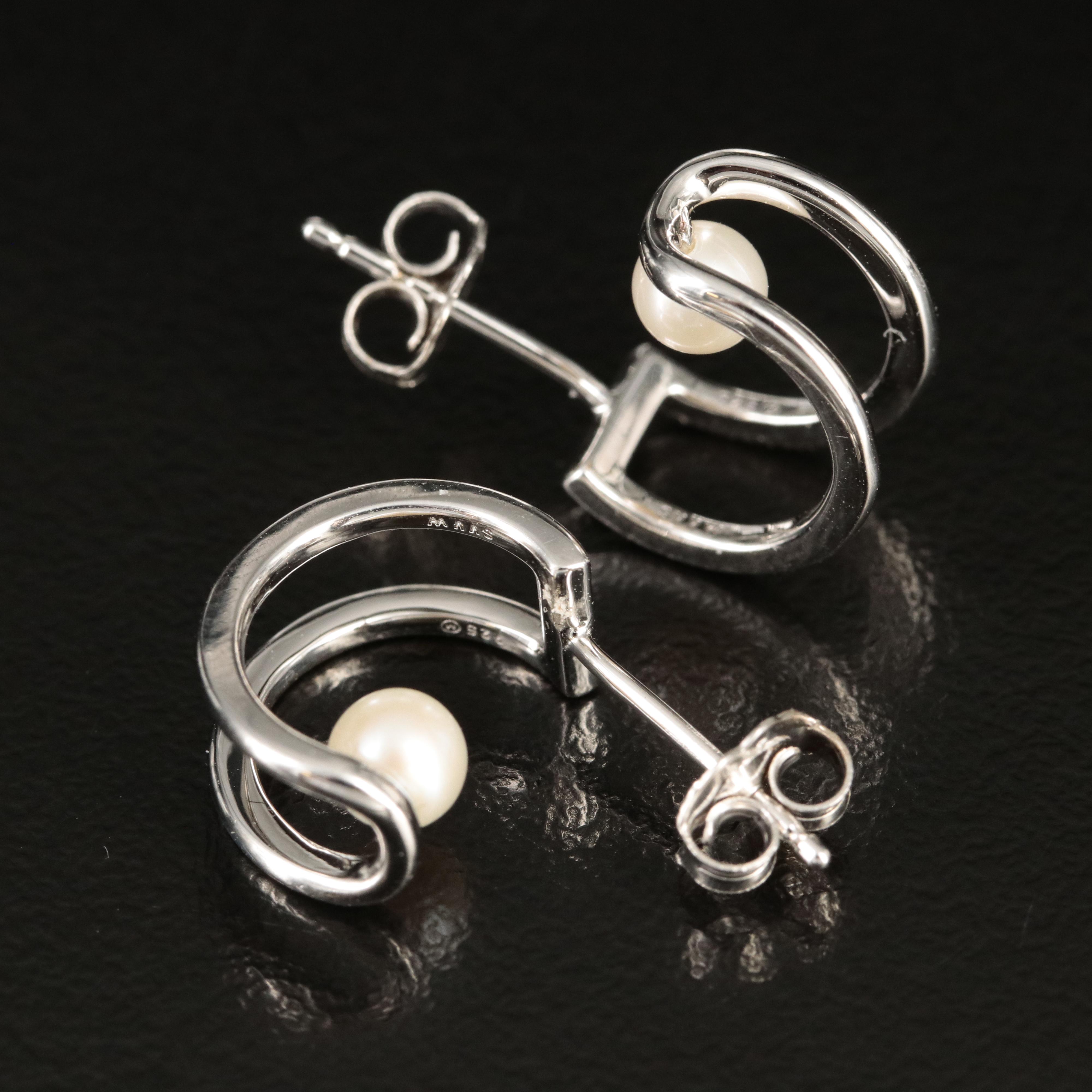 Sterling Pearl Half Hoop Earrings