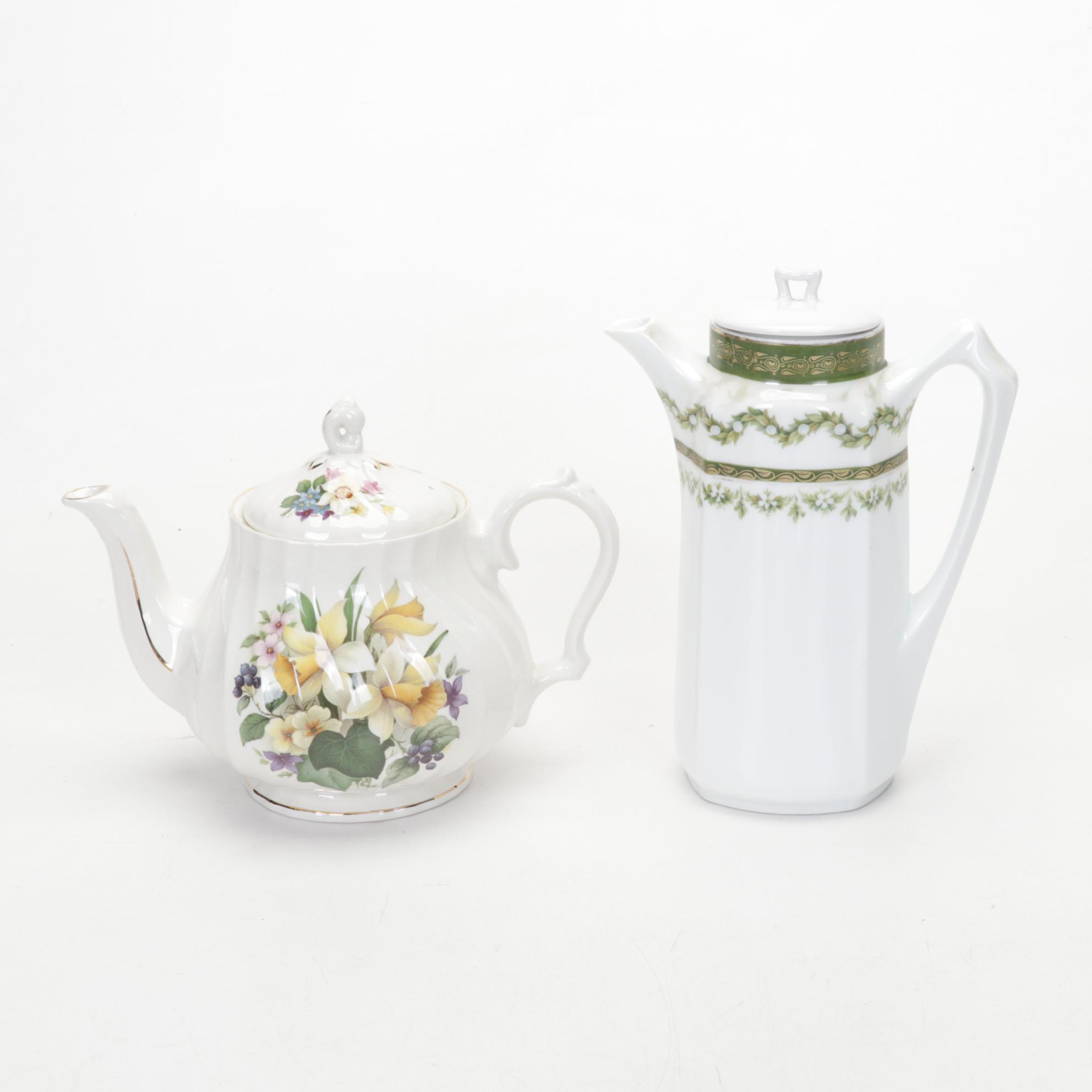 RS Prussia Coffee Pot with English and Other Teacups and Tableware, 20th Century
